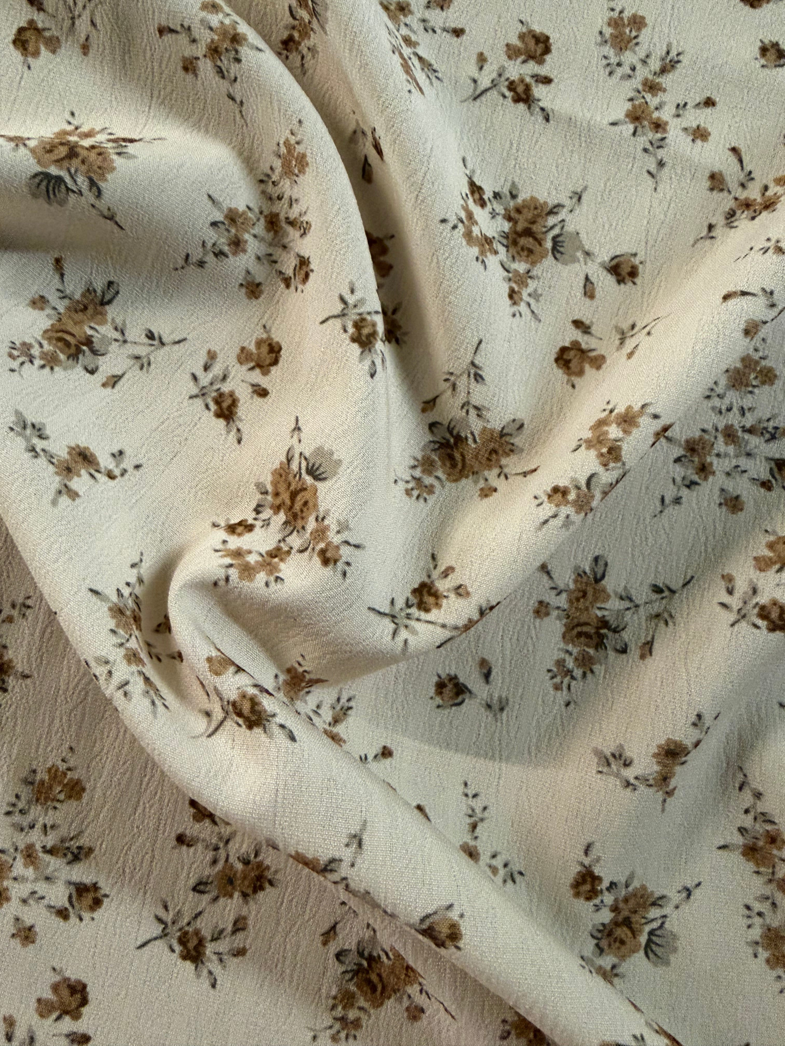 Brown Ditsy Floral Polyester Fabric – Ivory Crinkle Base