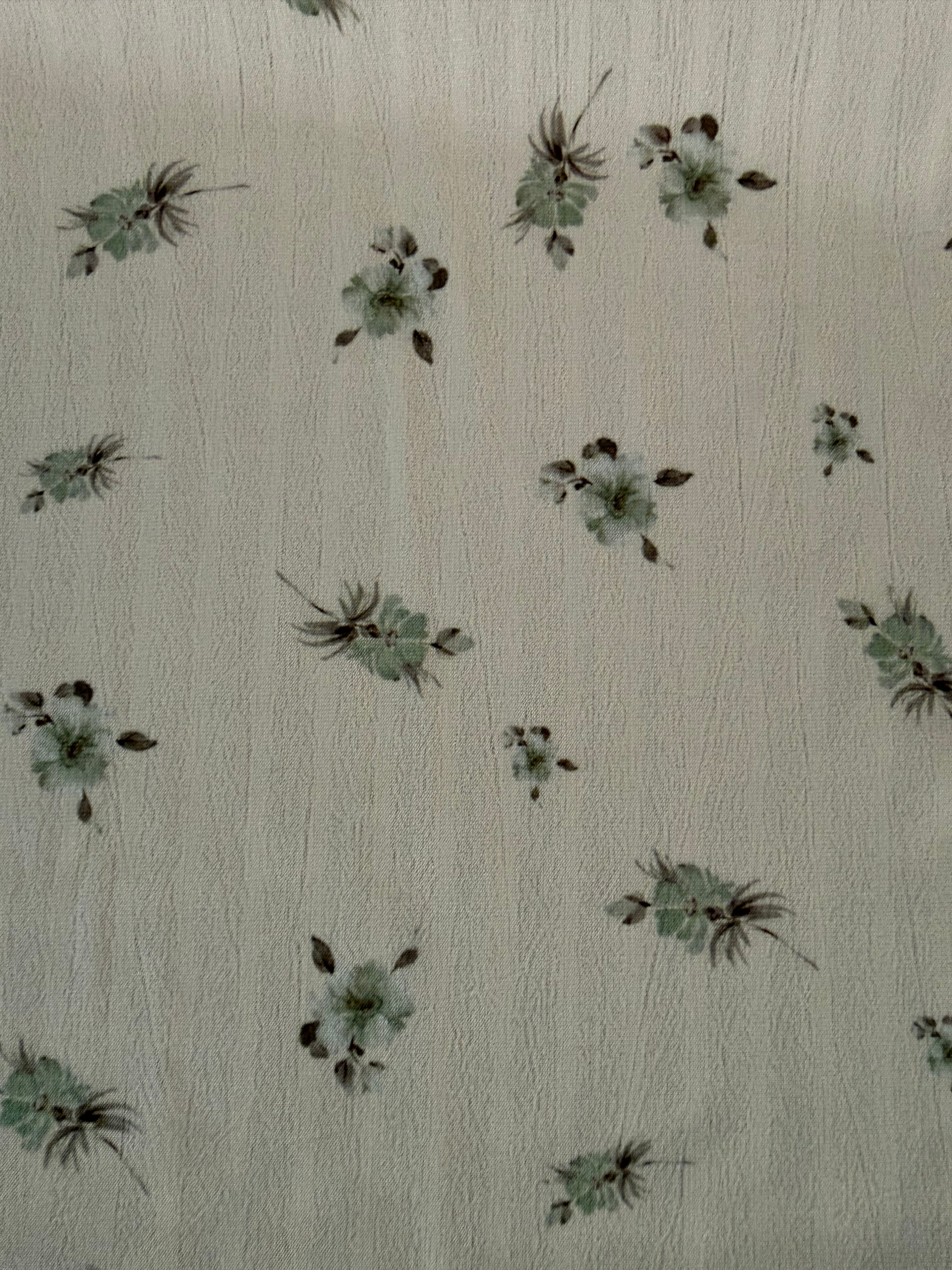 Green and Olive Ditsy Floral Polyester Fabric – Ivory Crinkle Base