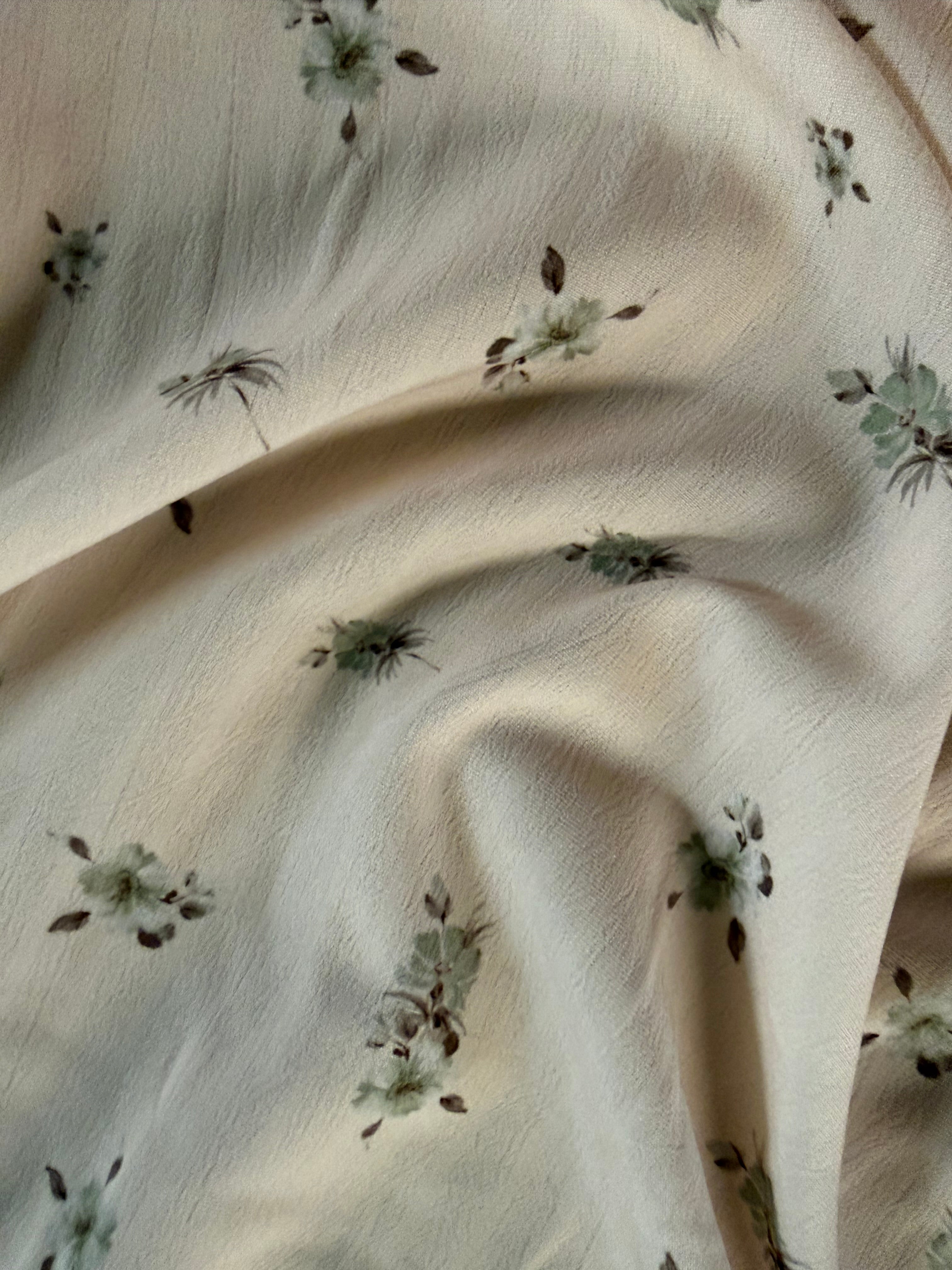 Green and Olive Ditsy Floral Polyester Fabric – Ivory Crinkle Base