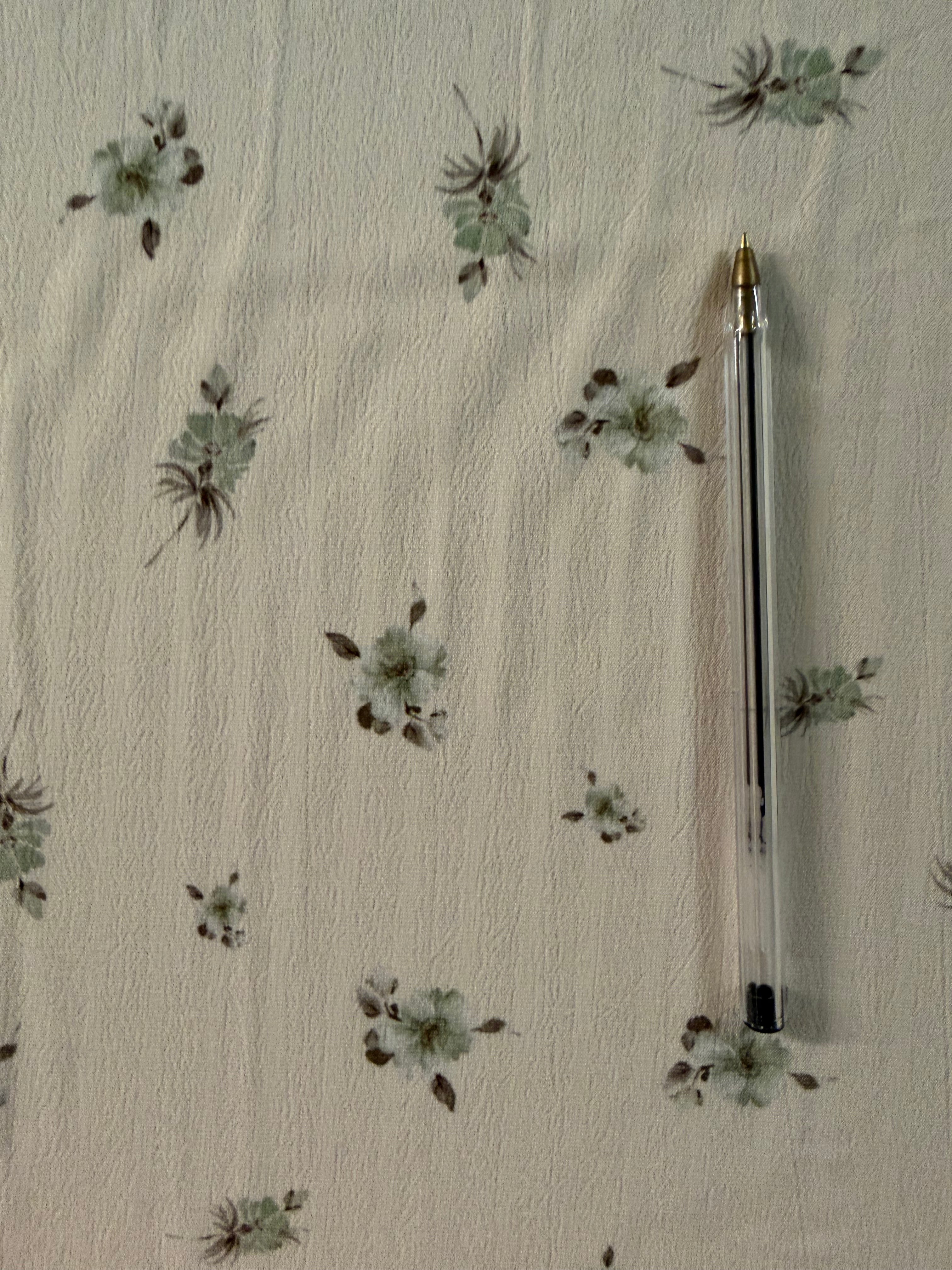 Green and Olive Ditsy Floral Polyester Fabric – Ivory Crinkle Base