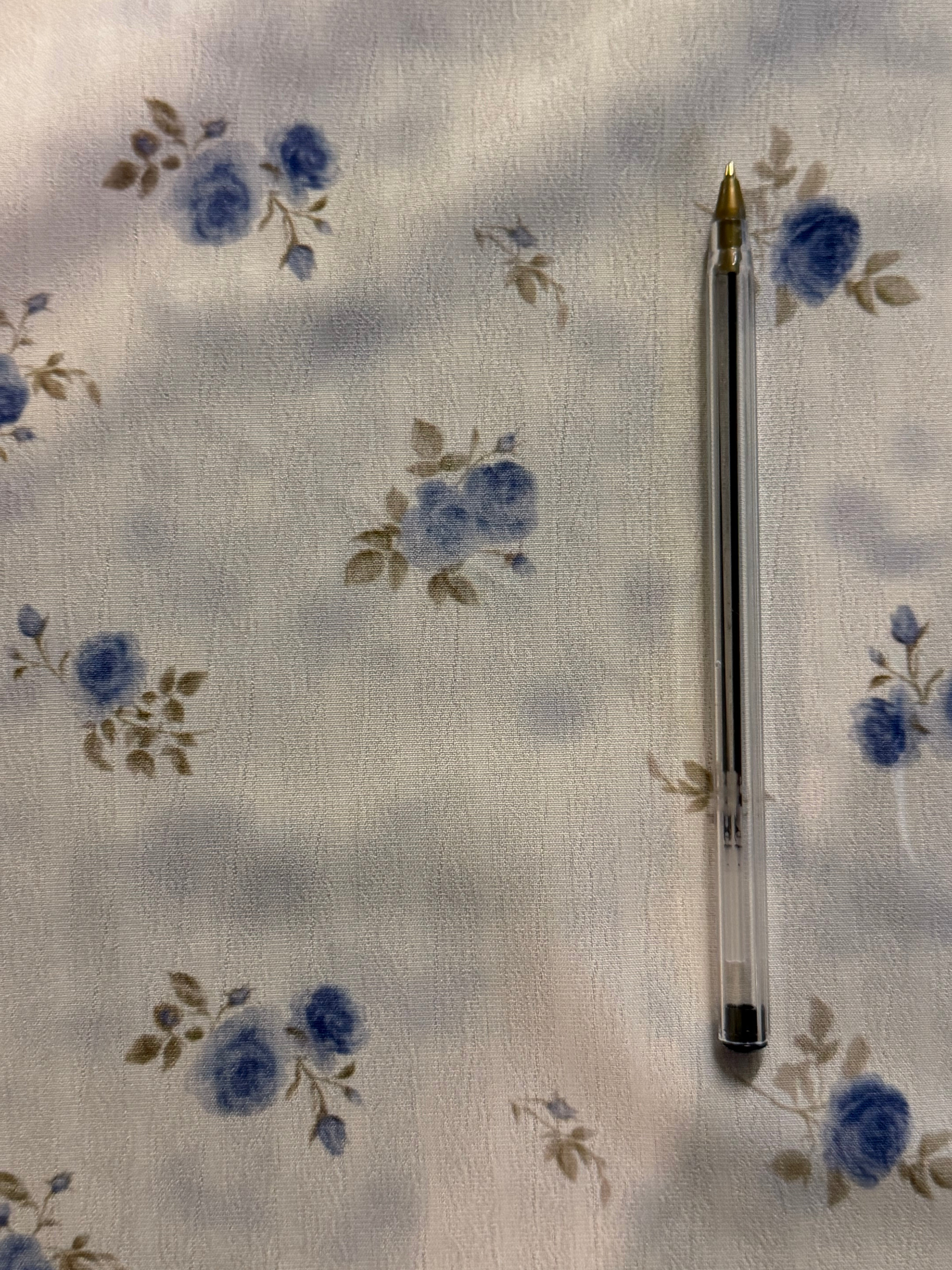Blue and Olive Ditsy Floral Polyester Fabric – Ivory Crinkle Base