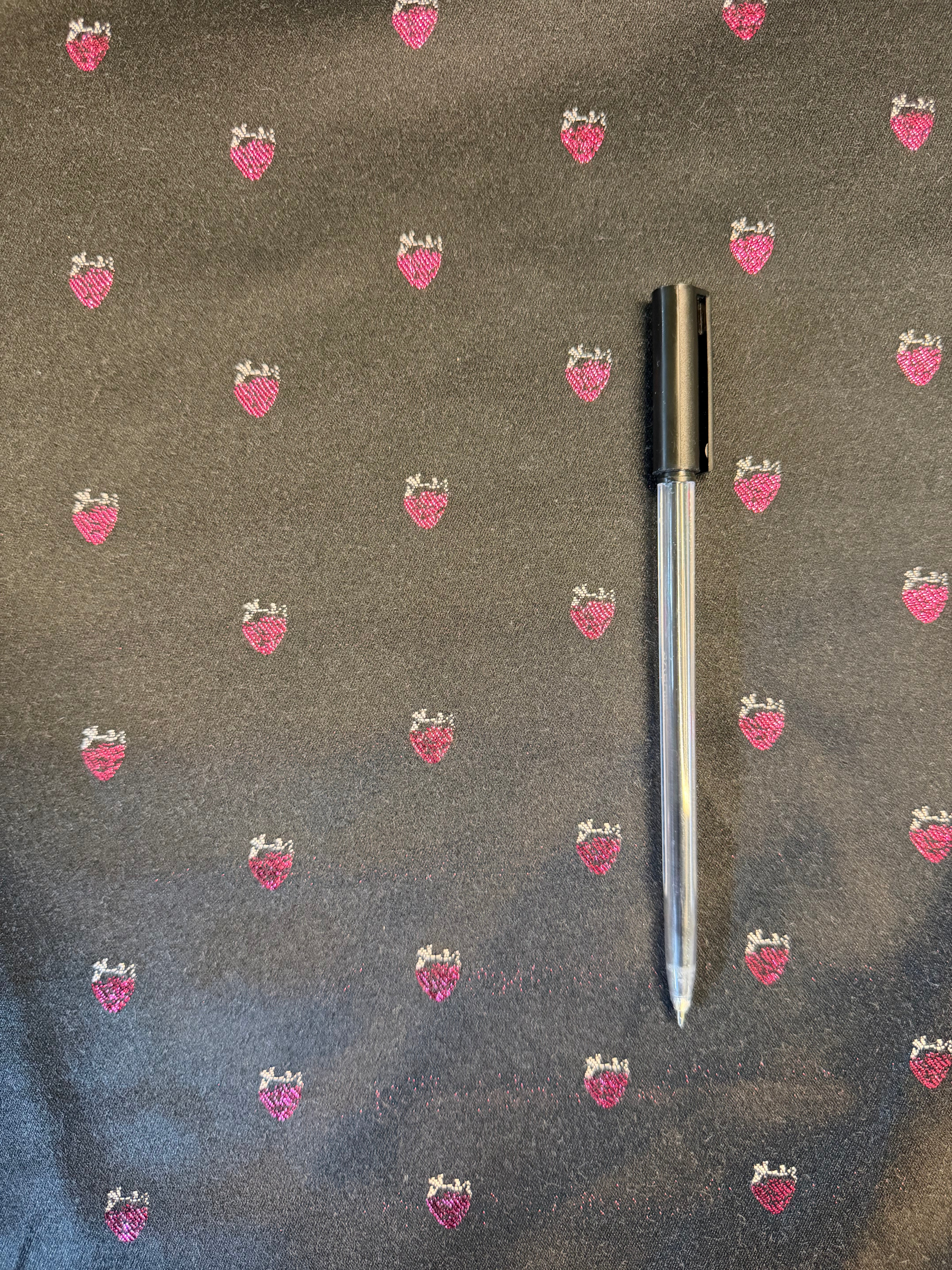 Italian Black Strawberry Jacquard Satin Fabric – Polyester Cotton Blend – 129 cm Wide