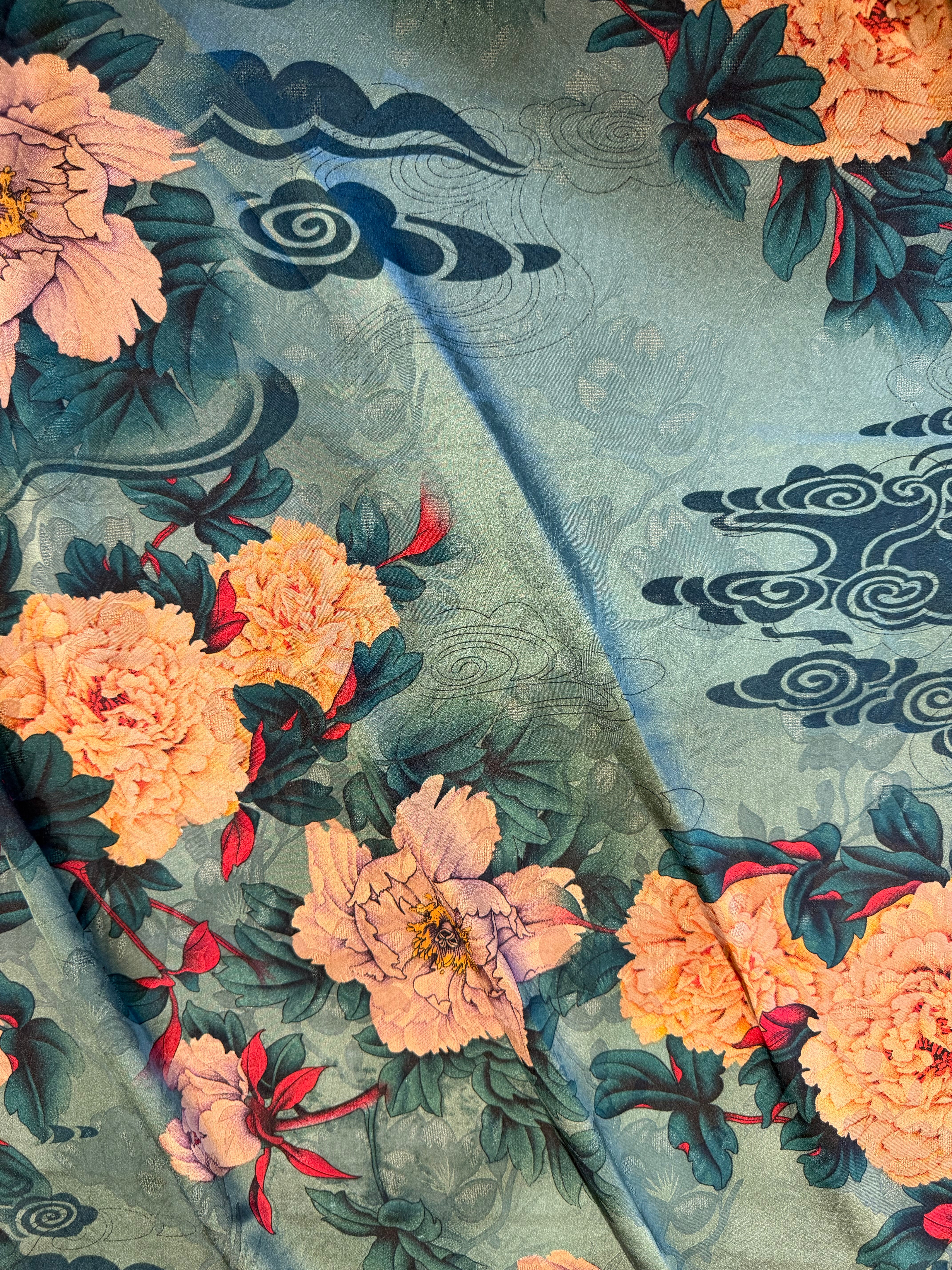 Green Large Floral Printed Polyester Fabric – Amber & Red Floral Design – 154 cm Wide