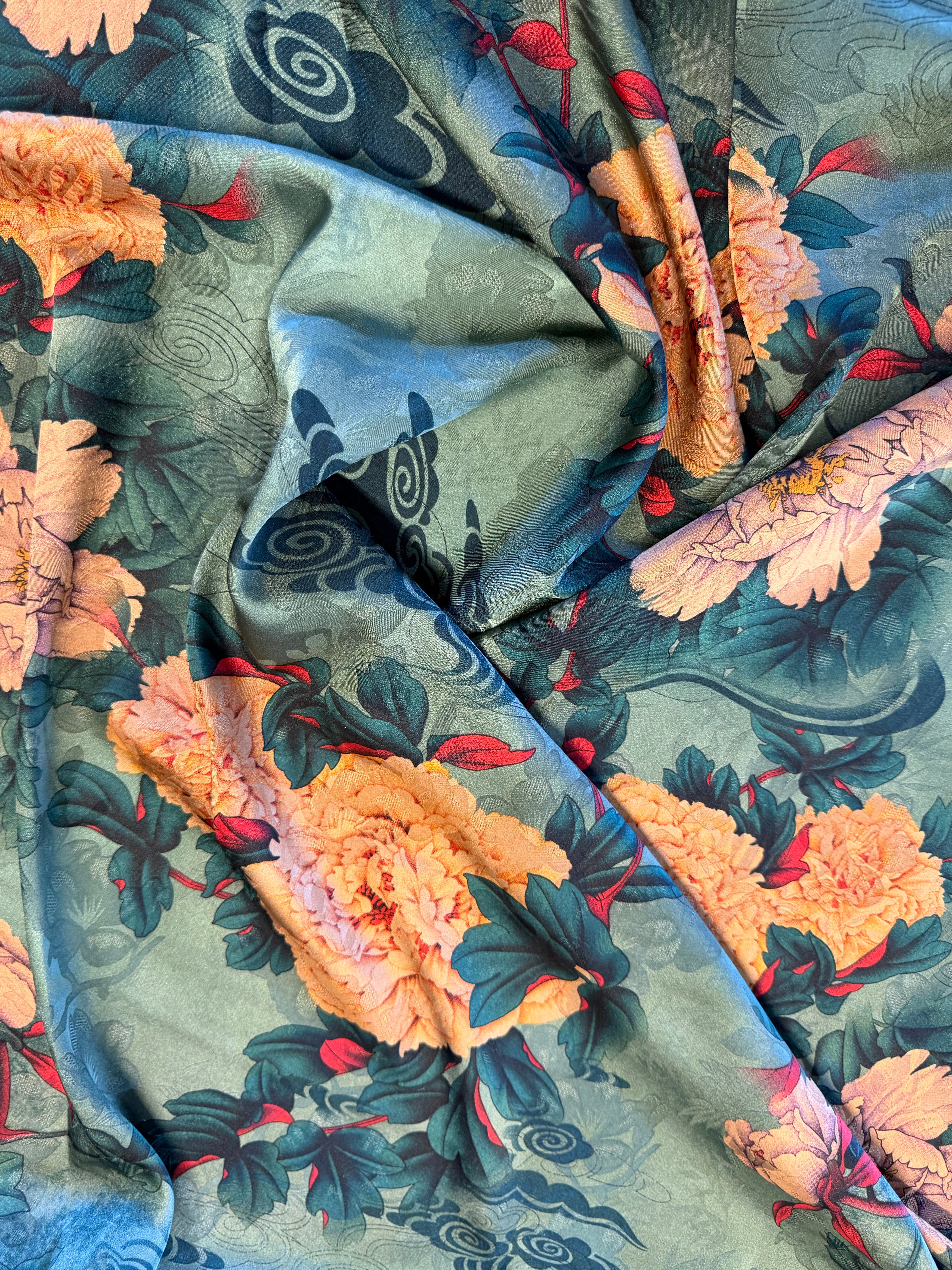 Green Large Floral Printed Polyester Fabric – Amber & Red Floral Design – 154 cm Wide