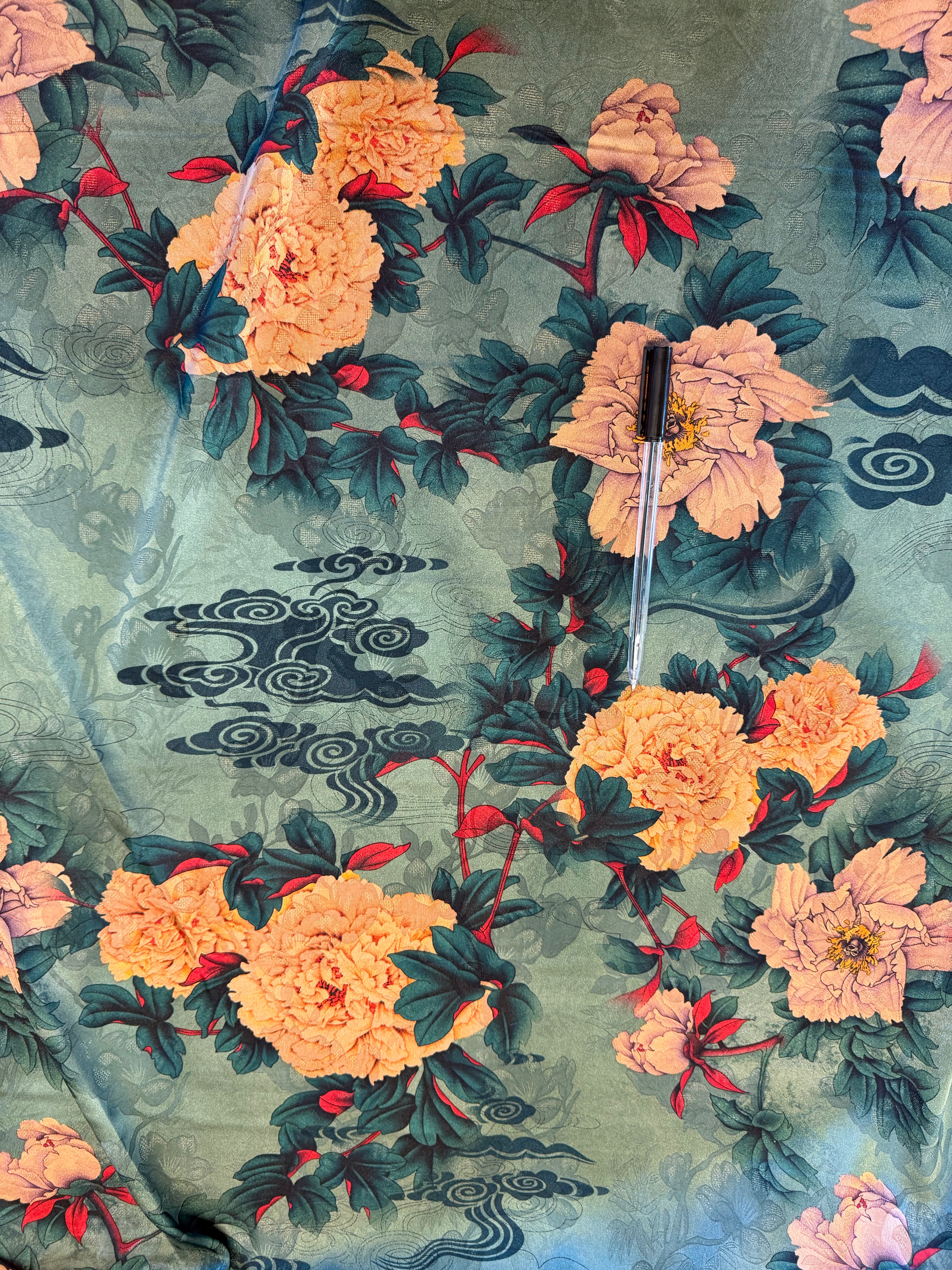 Green Large Floral Printed Polyester Fabric – Amber & Red Floral Design – 154 cm Wide