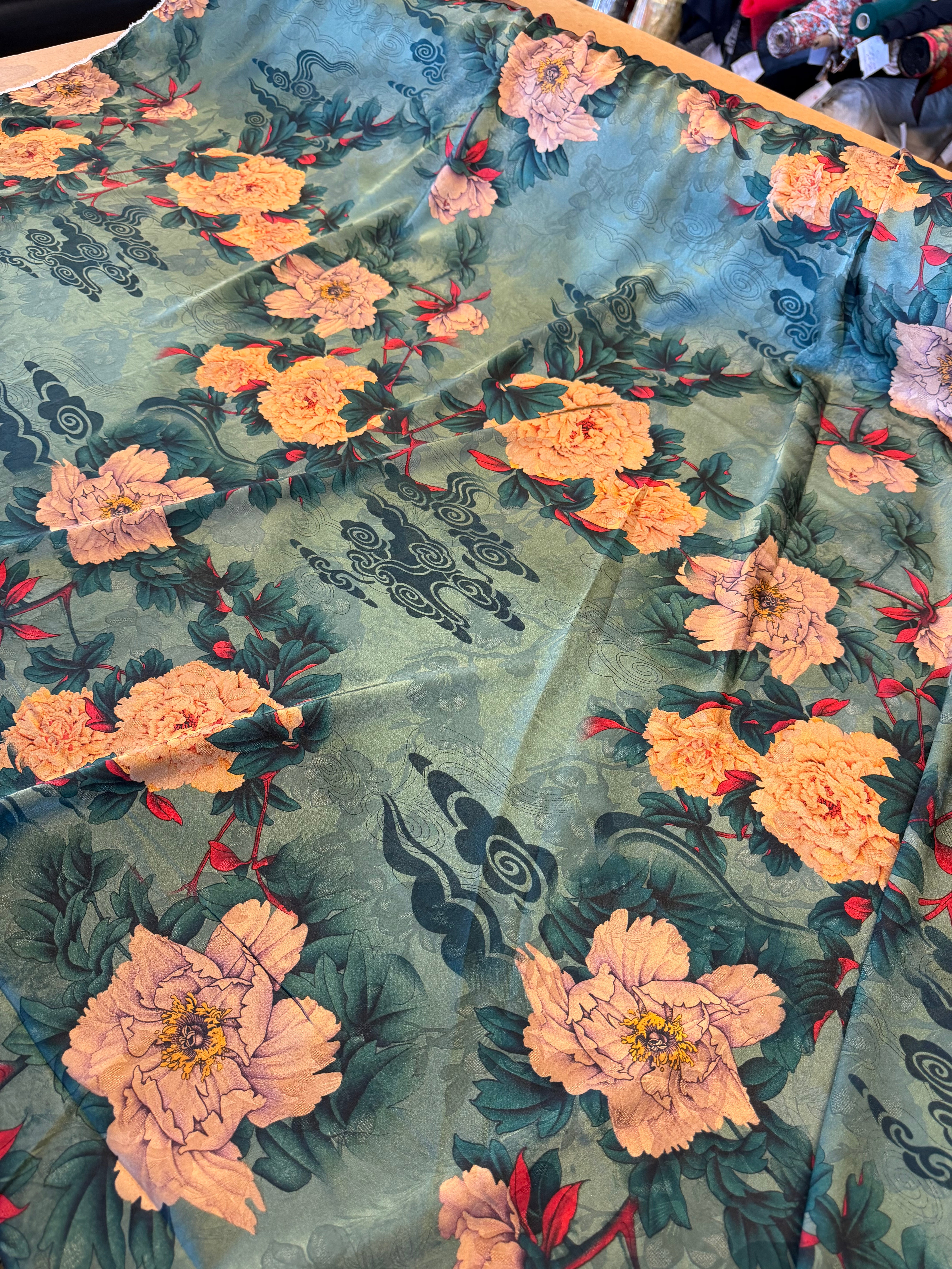 Green Large Floral Printed Polyester Fabric – Amber & Red Floral Design – 154 cm Wide