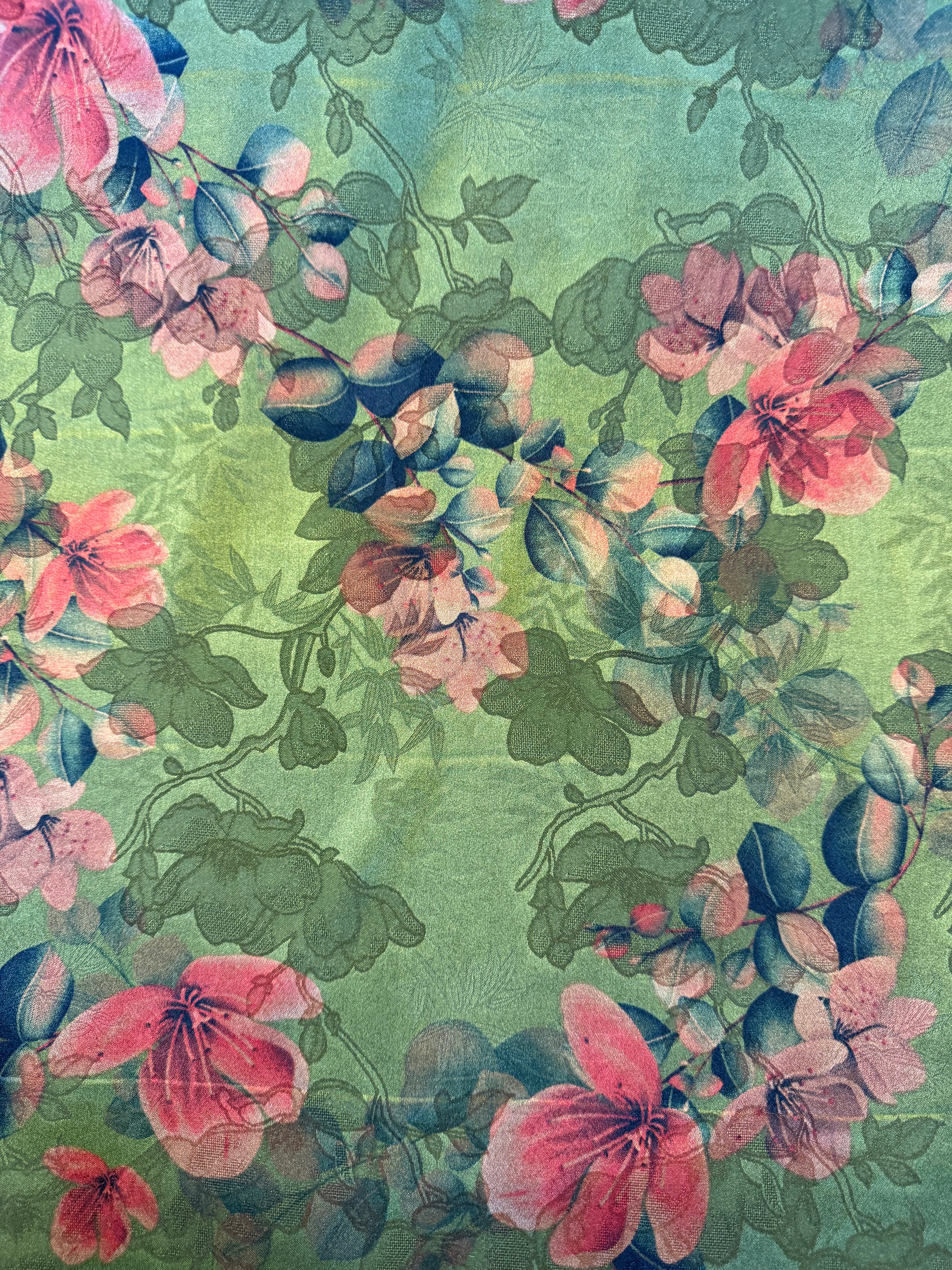 Mid Green & Red Floral Printed Polyester Fabric – 154 cm Wide