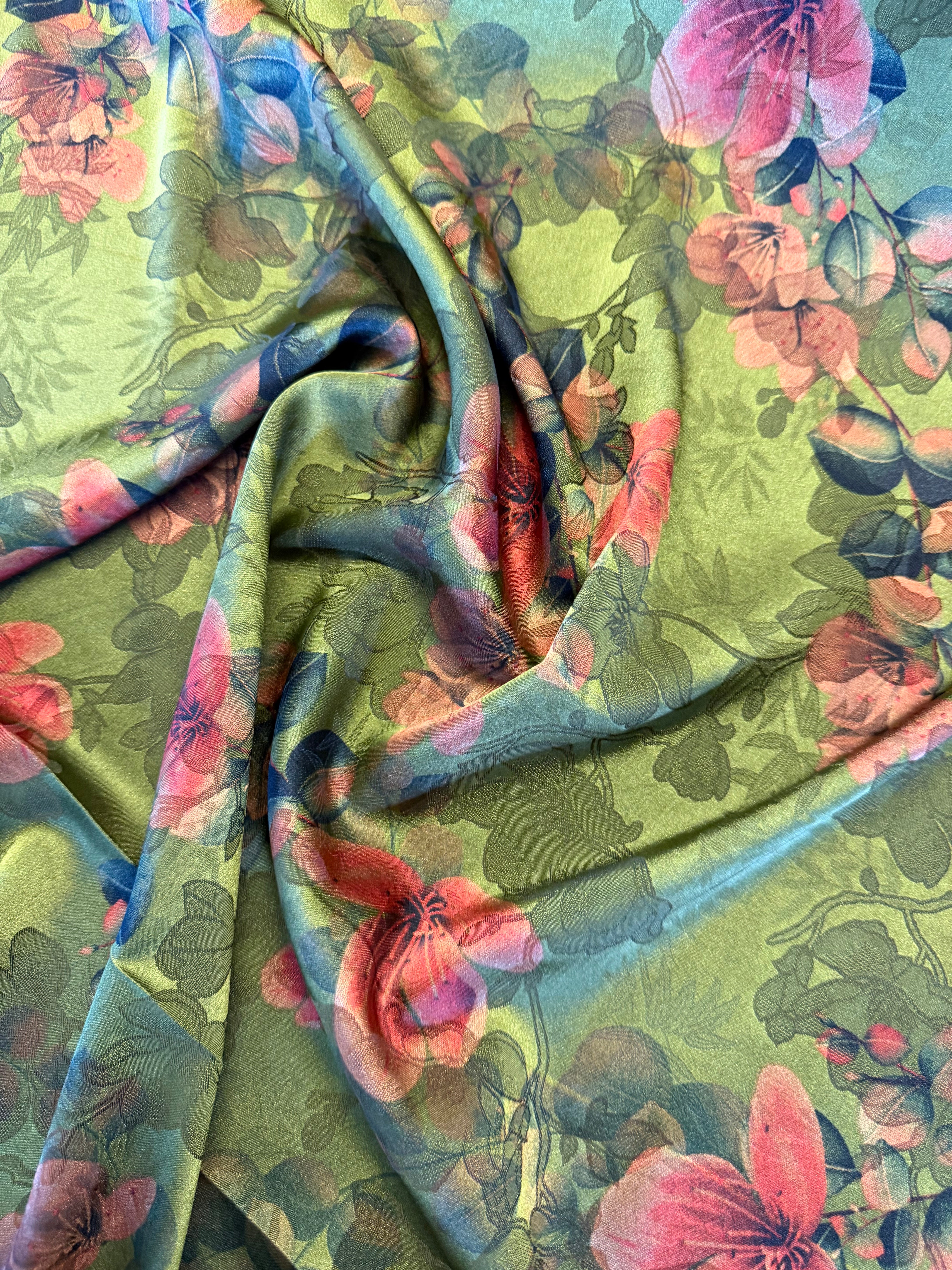 Mid Green & Red Floral Printed Polyester Fabric – 154 cm Wide