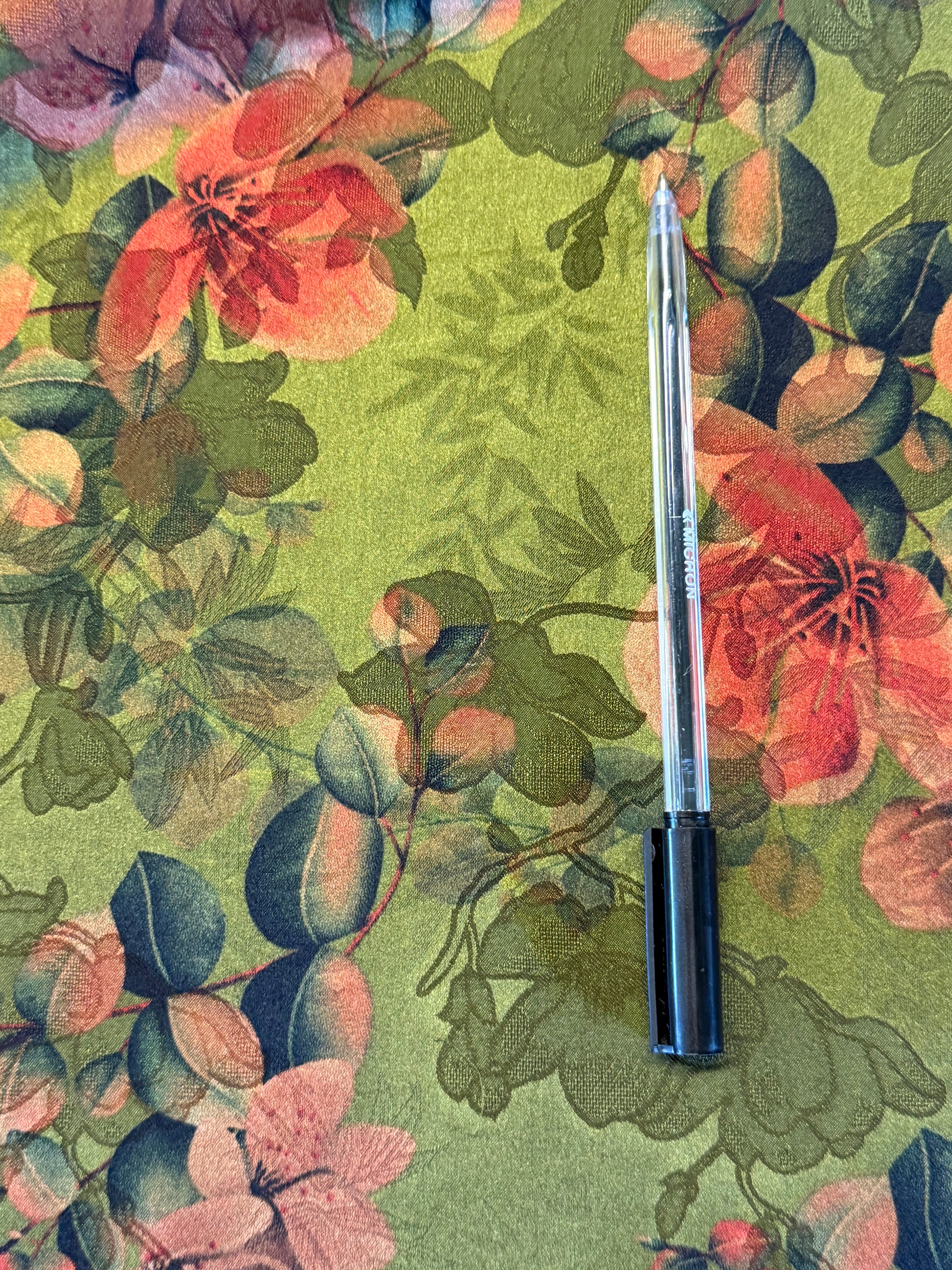 Mid Green & Red Floral Printed Polyester Fabric – 154 cm Wide