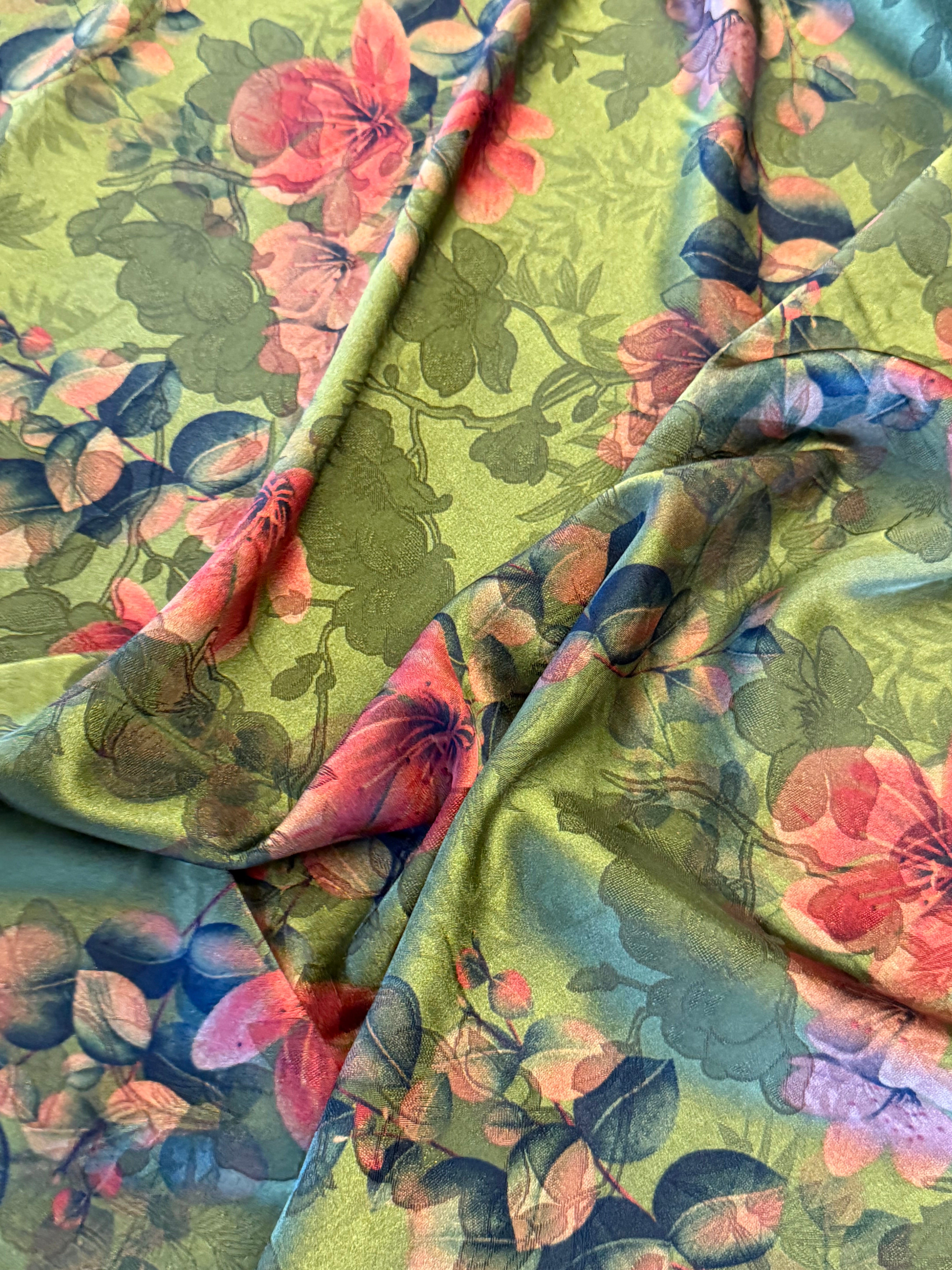 Mid Green & Red Floral Printed Polyester Fabric – 154 cm Wide