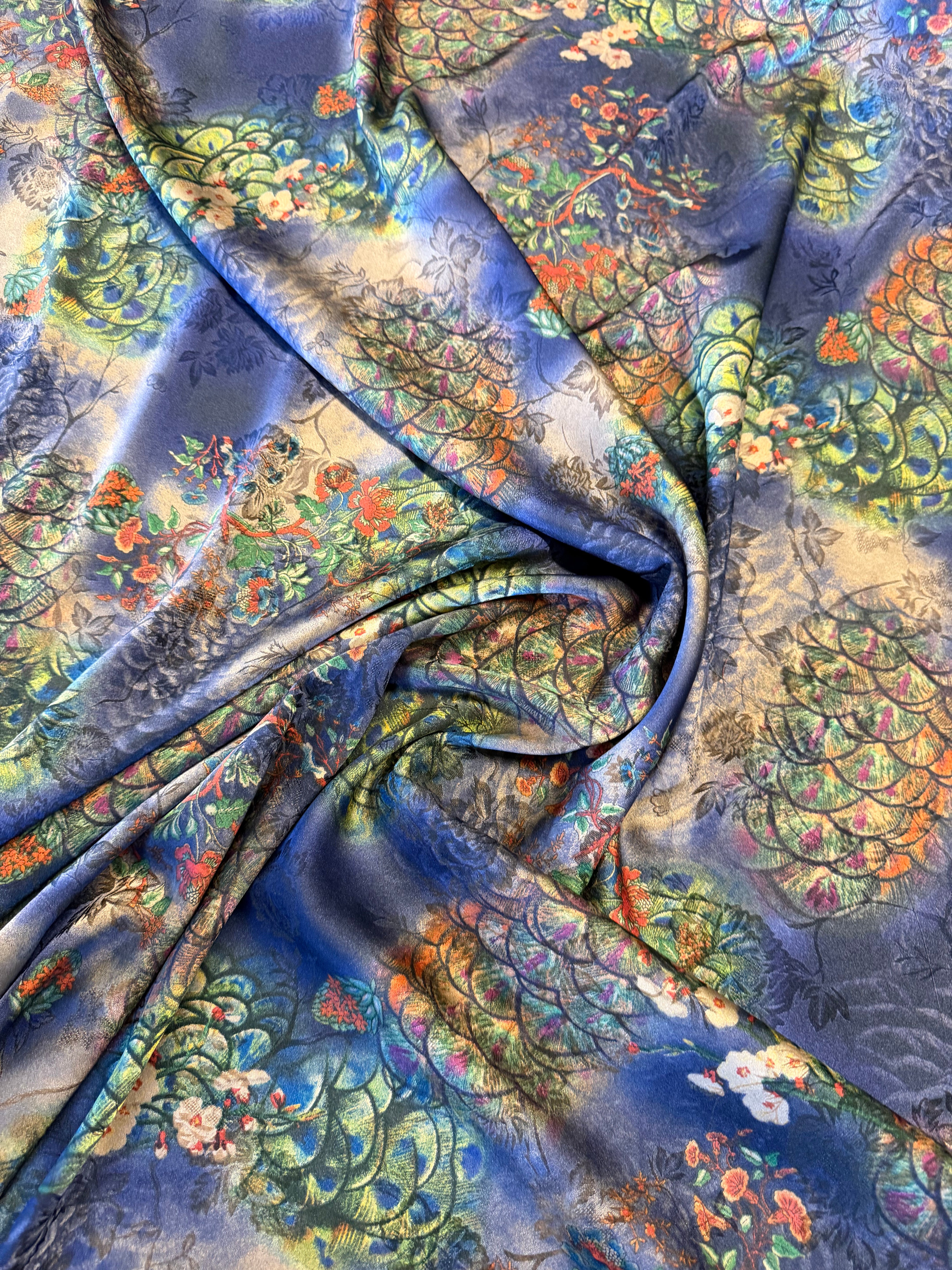 Multicoloured Printed Polyester Fabric on Blue Base – 154 cm Wide