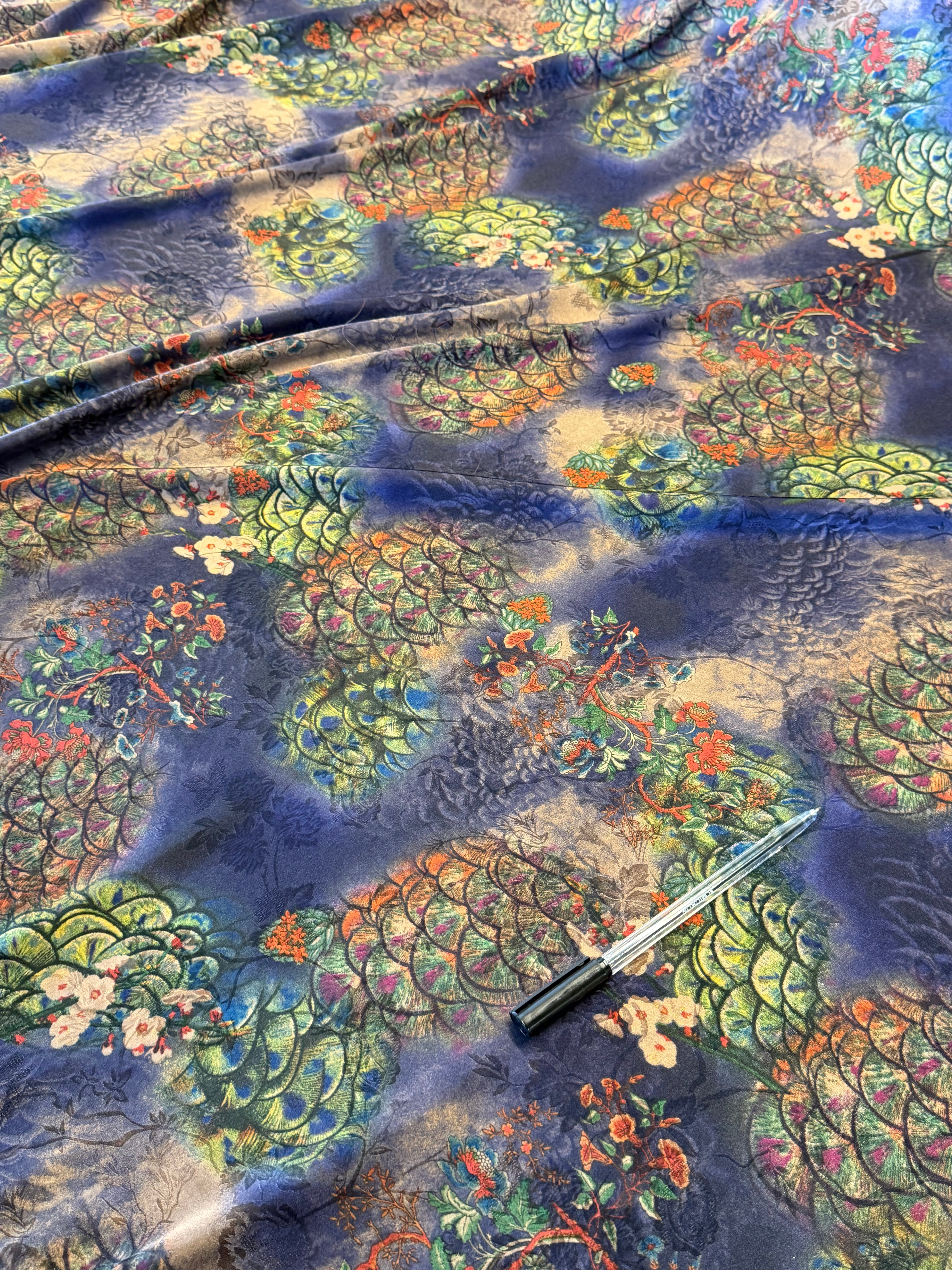 Multicoloured Printed Polyester Fabric on Blue Base – 154 cm Wide