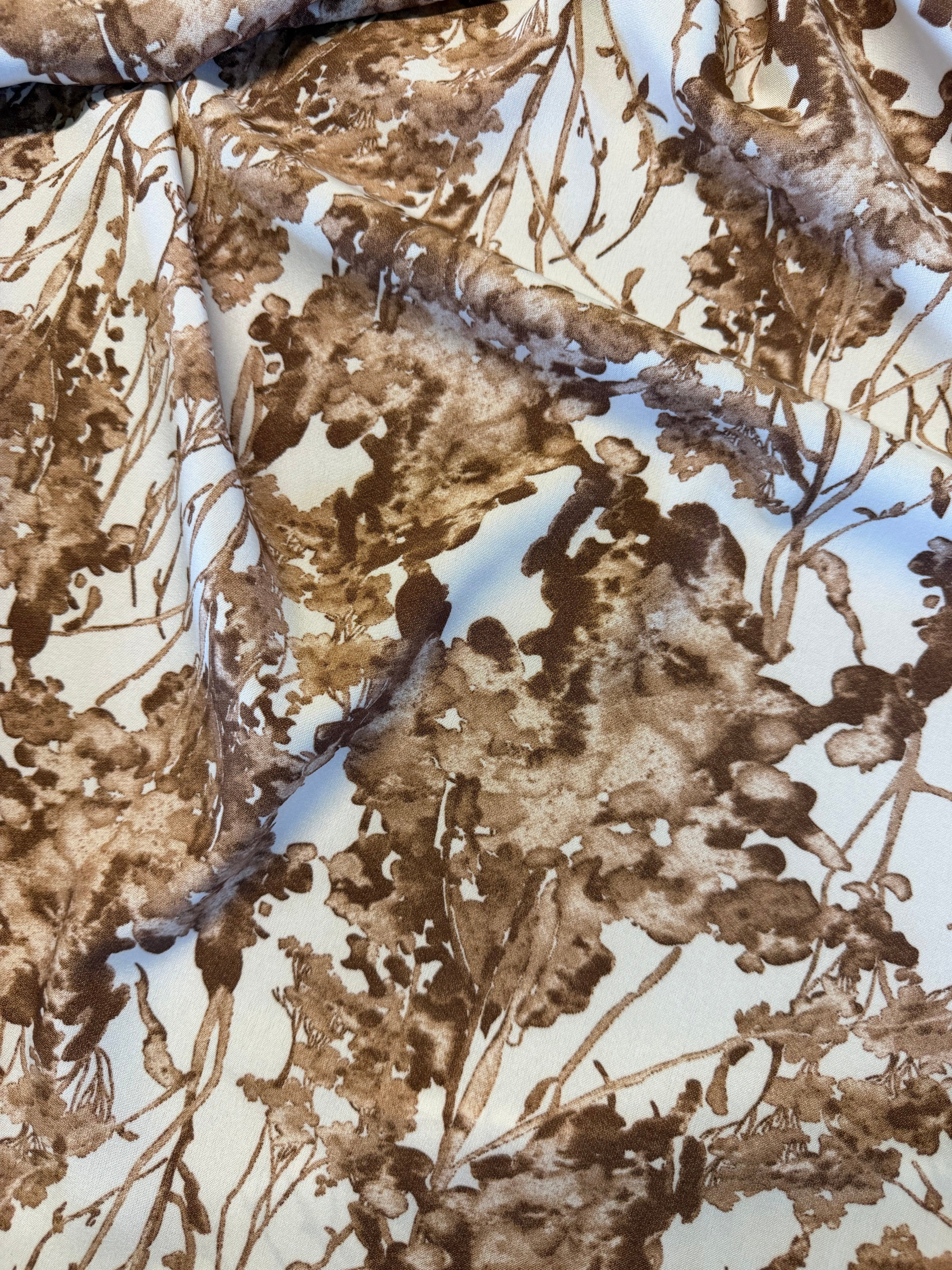 Brown & Cream Floral Printed Polyester Fabric – 154 cm Wide