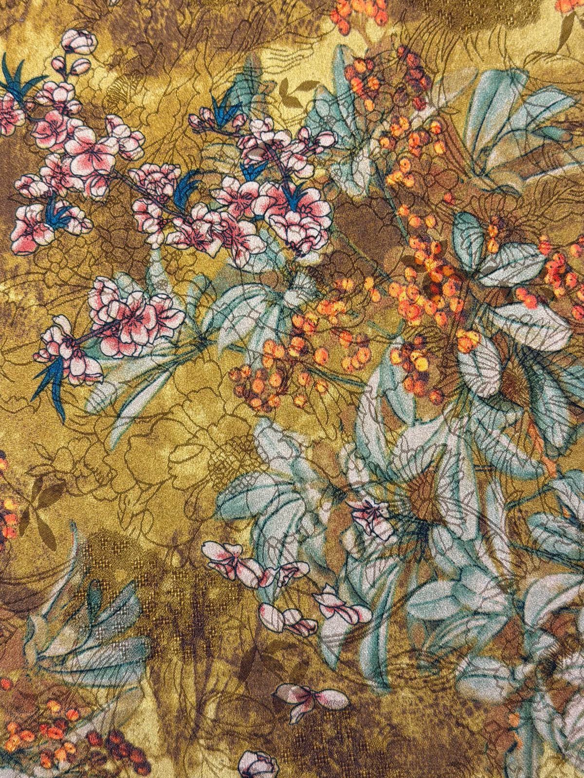 Gold Floral Chinoiserie Satin – 100% Polyester – 145 cm Wide