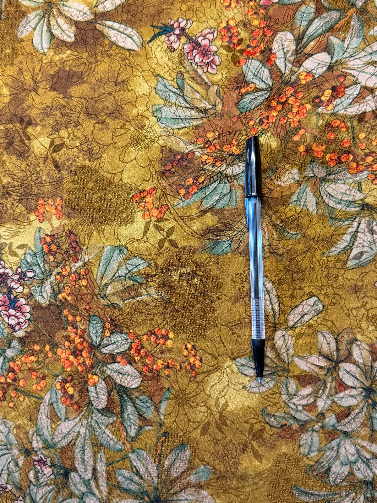 Gold Floral Chinoiserie Satin – 100% Polyester – 145 cm Wide