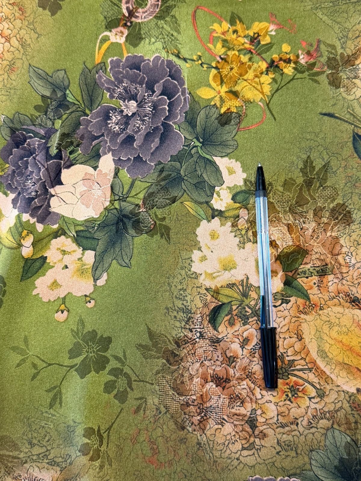 Green Floral Chinoiserie Satin Fabric – 100% Polyester, 145cm Wide