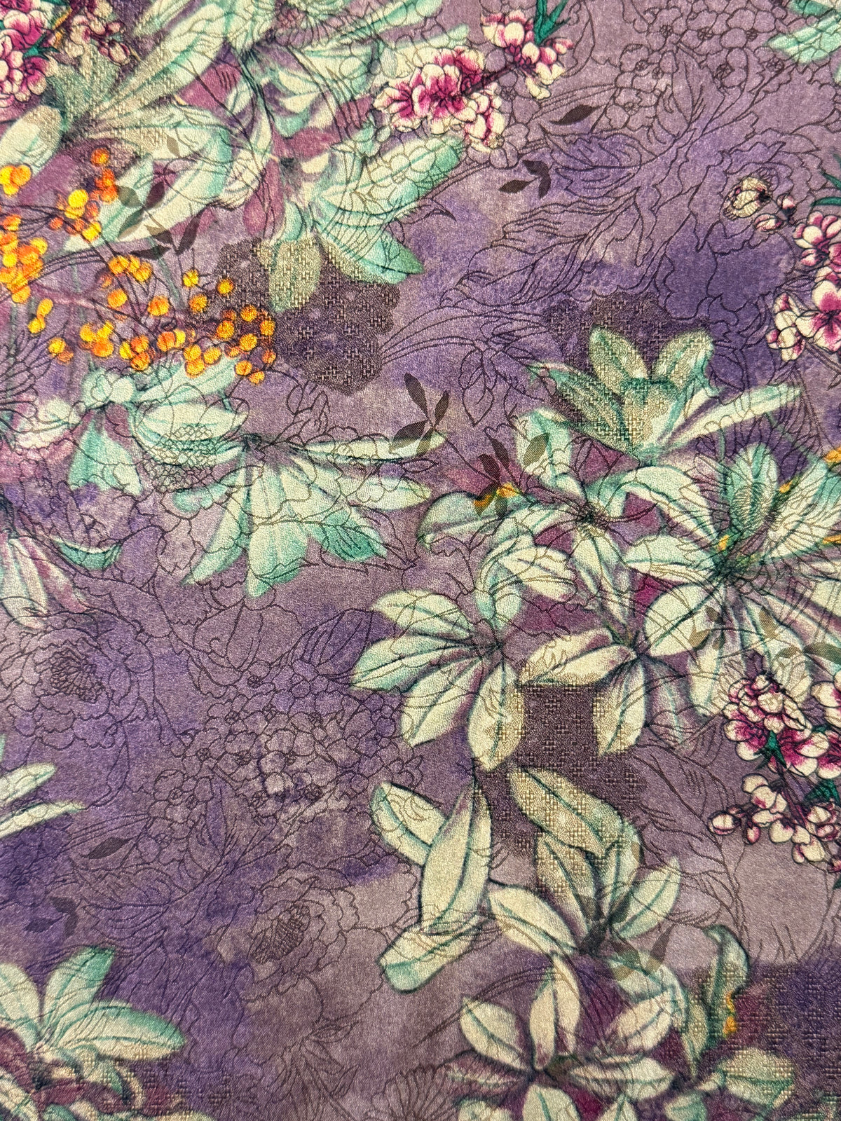 Purple Floral Chinoiserie Satin – 100% Polyester – 145 cm Wide