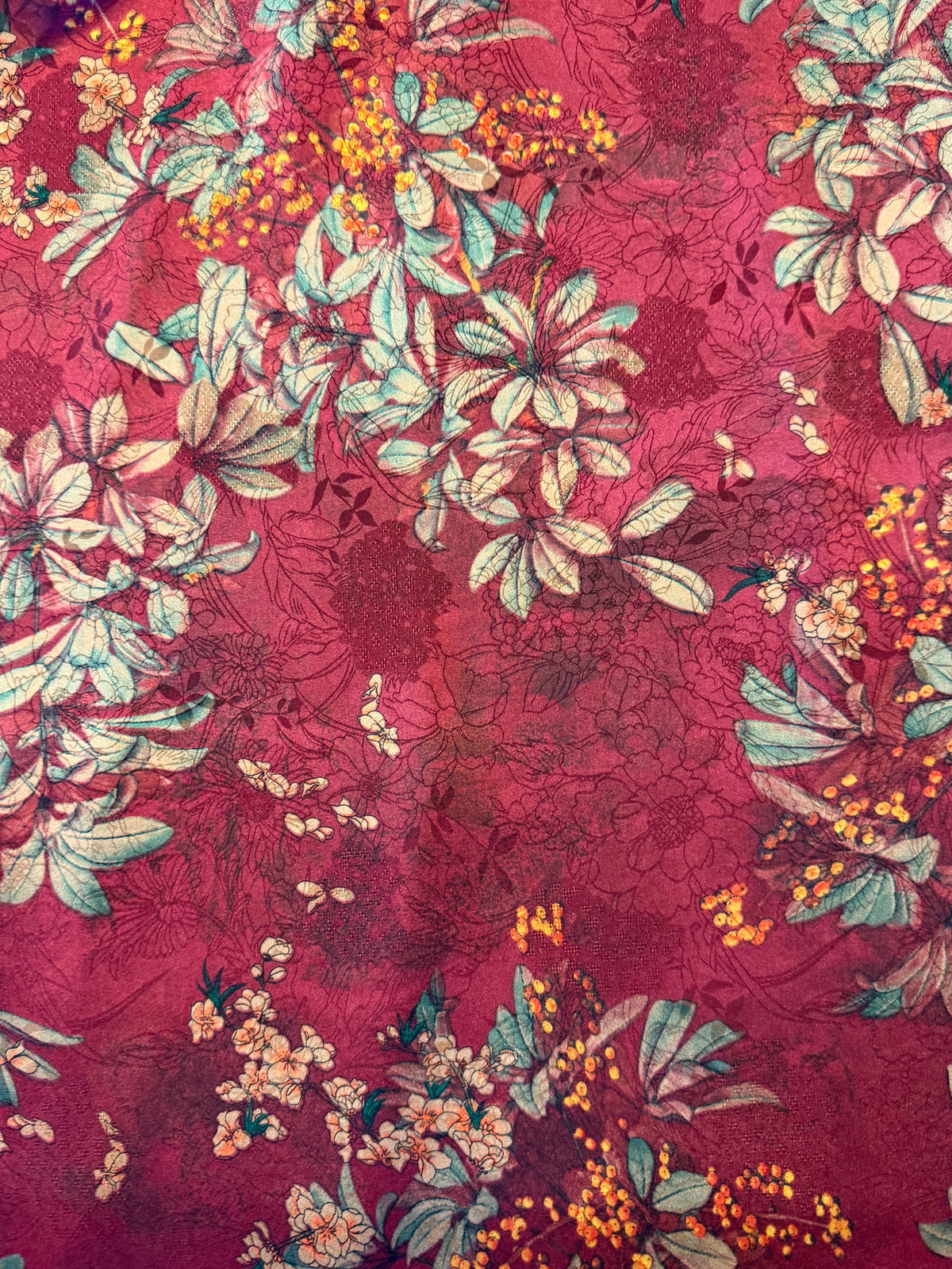 Burgundy Floral Chinoiserie Satin – 100% Polyester – 145 cm Wide
