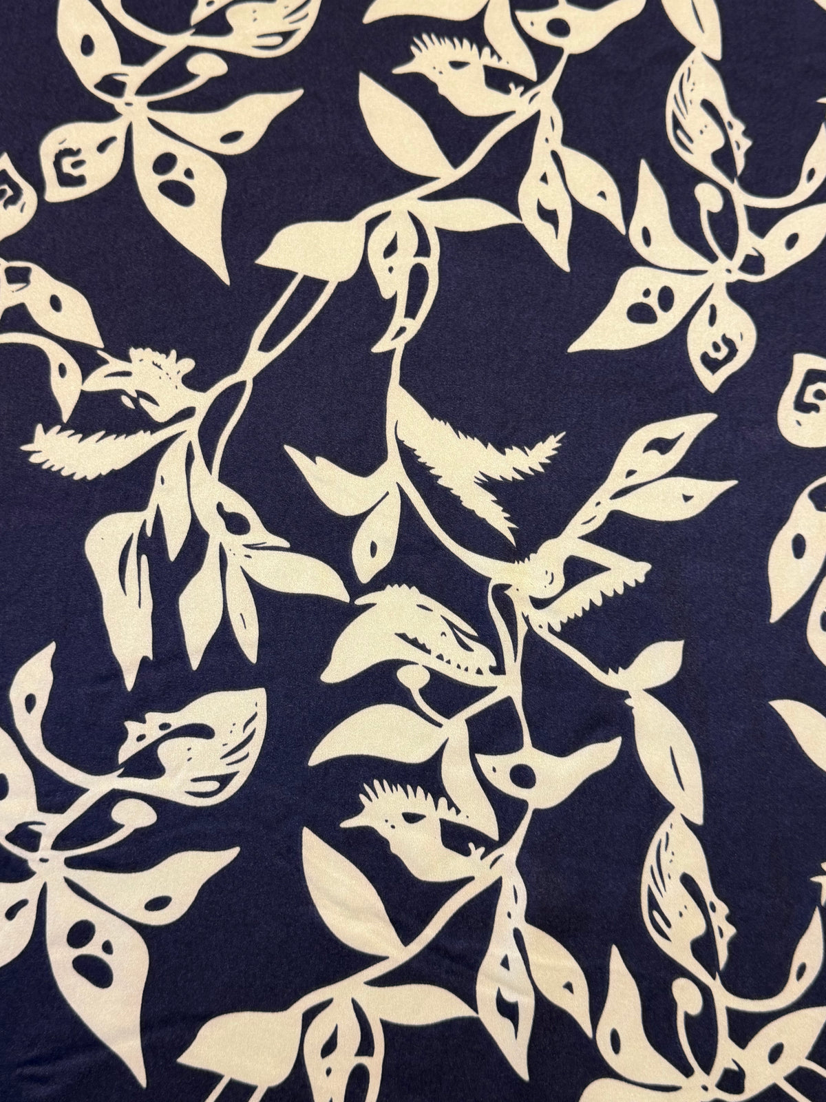 Navy & Cream Abstract Floral Satin – 100% Polyester – 145 cm Wide