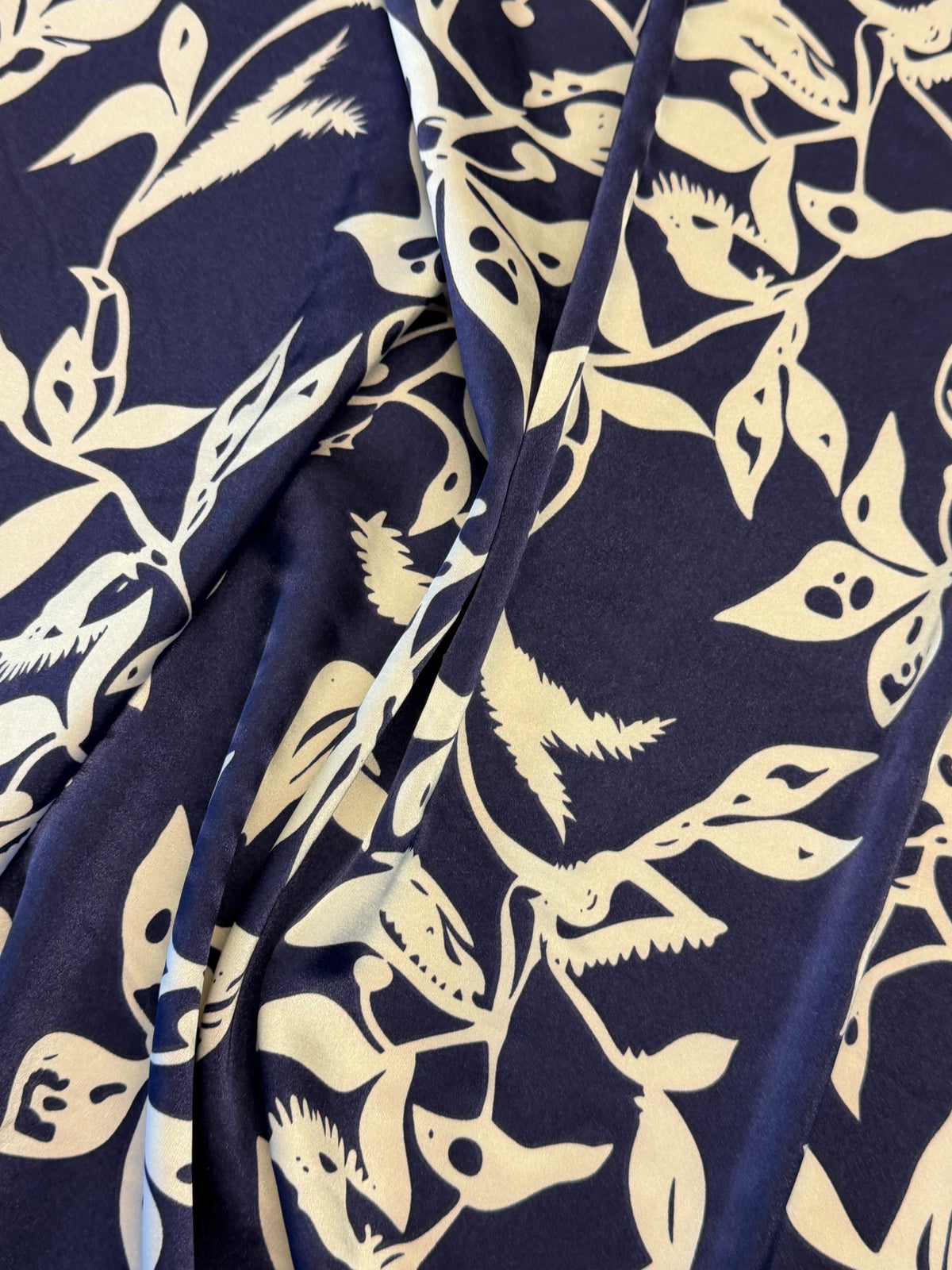 Navy & Cream Abstract Floral Satin – 100% Polyester – 145 cm Wide