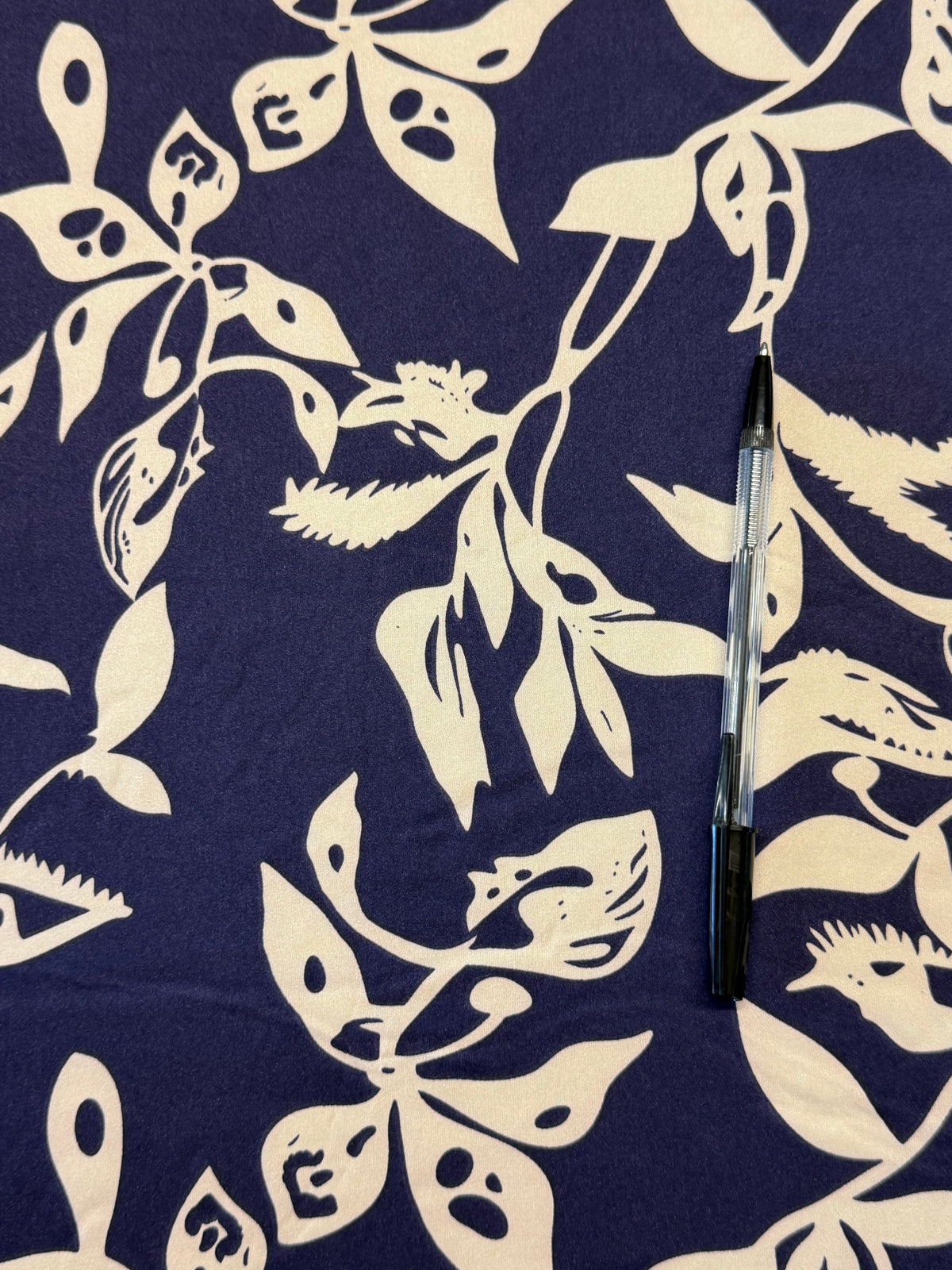 Navy & Cream Abstract Floral Satin – 100% Polyester – 145 cm Wide