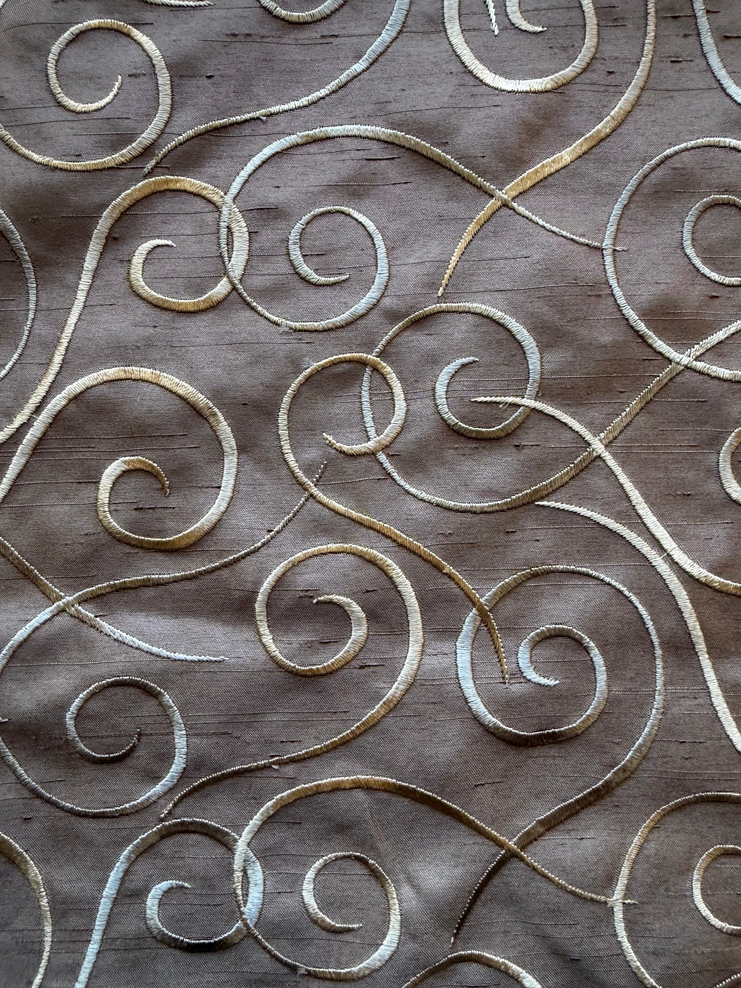 Austrian Embroidered Satin-Backed Dupion Fabric – Brown with Grey & Gold Swirls | 112 cm Wide