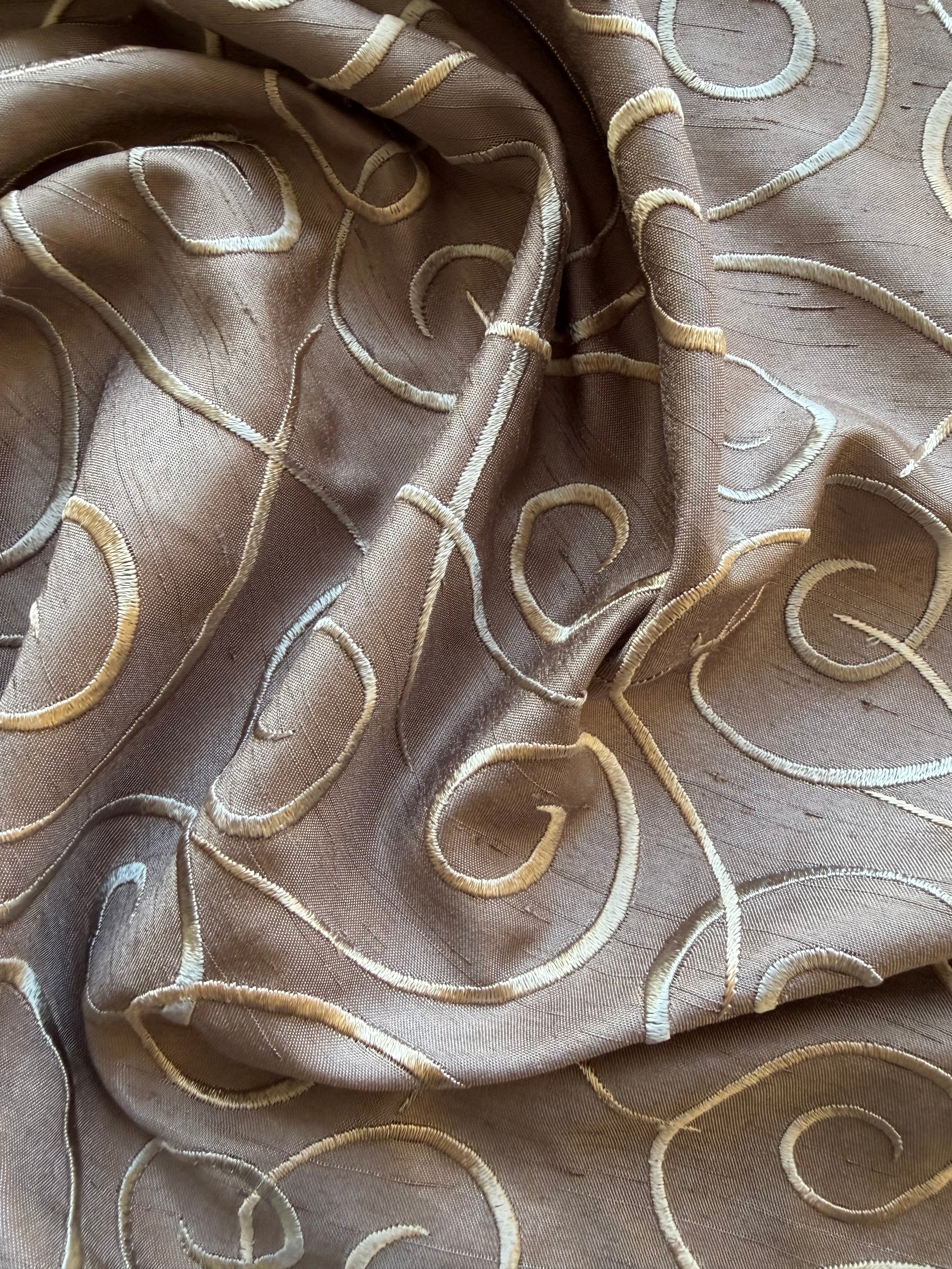 Austrian Embroidered Satin-Backed Dupion Fabric – Brown with Grey & Gold Swirls | 112 cm Wide
