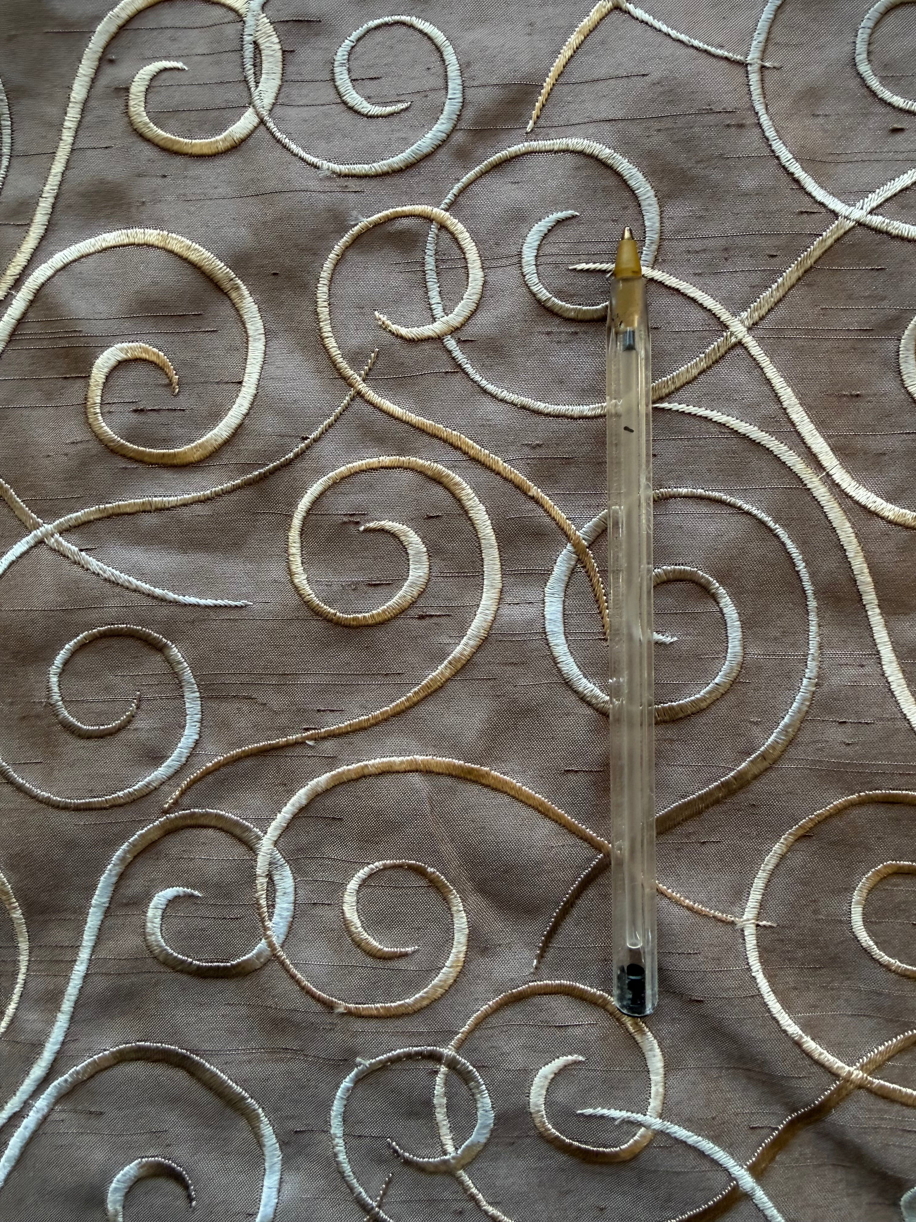 Austrian Embroidered Satin-Backed Dupion Fabric – Brown with Grey & Gold Swirls | 112 cm Wide