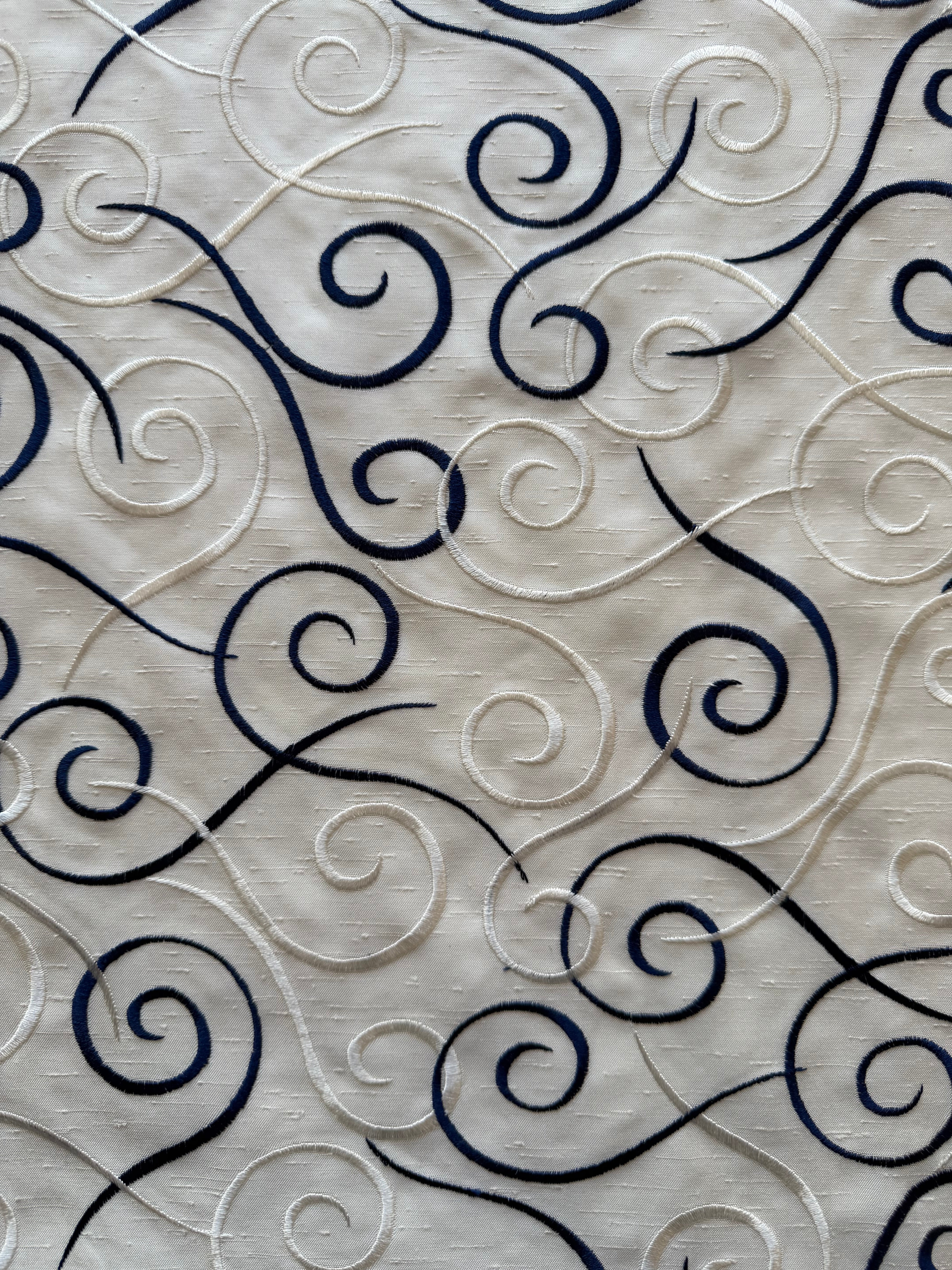 Austrian Embroidered Satin-Backed Dupion Fabric – Ivory with Navy & Ivory Swirls | 112 cm Wide