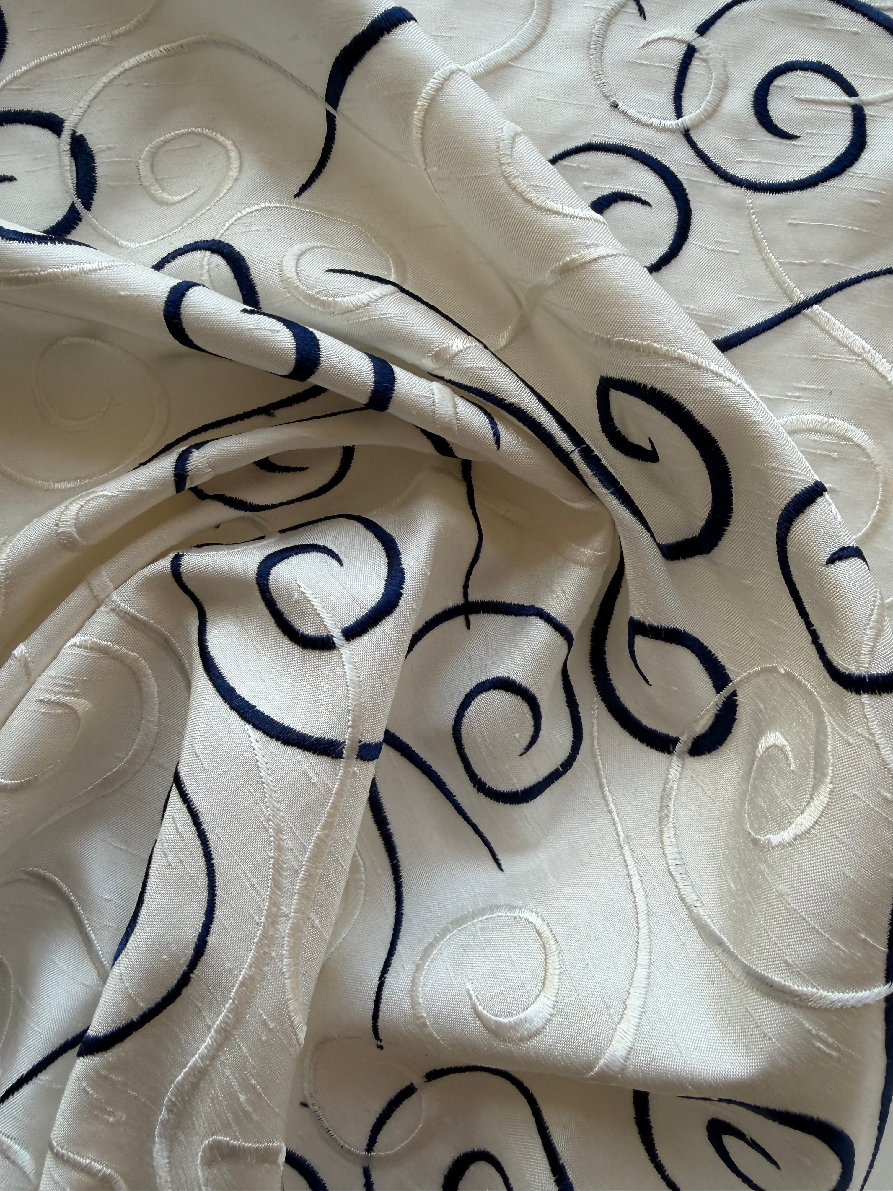 Austrian Embroidered Satin-Backed Dupion Fabric – Ivory with Navy & Ivory Swirls | 112 cm Wide