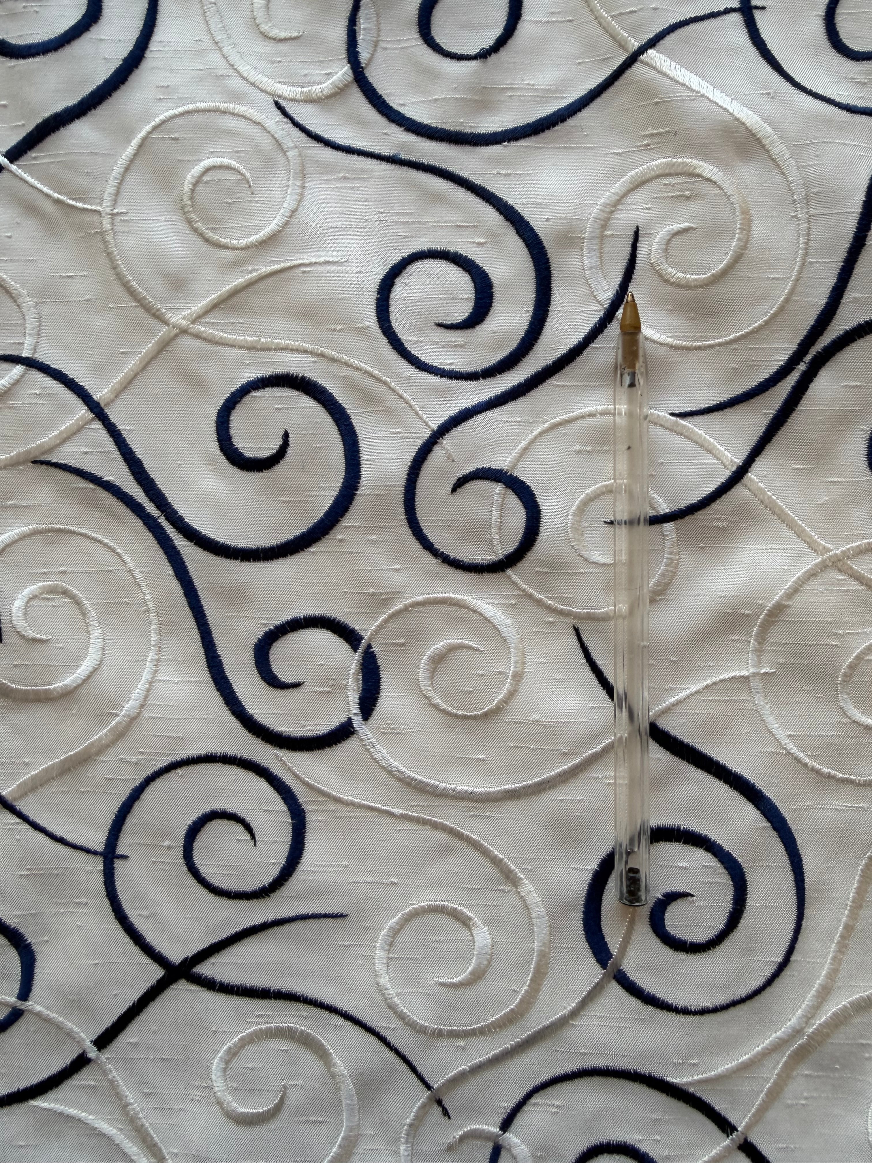 Austrian Embroidered Satin-Backed Dupion Fabric – Ivory with Navy & Ivory Swirls | 112 cm Wide