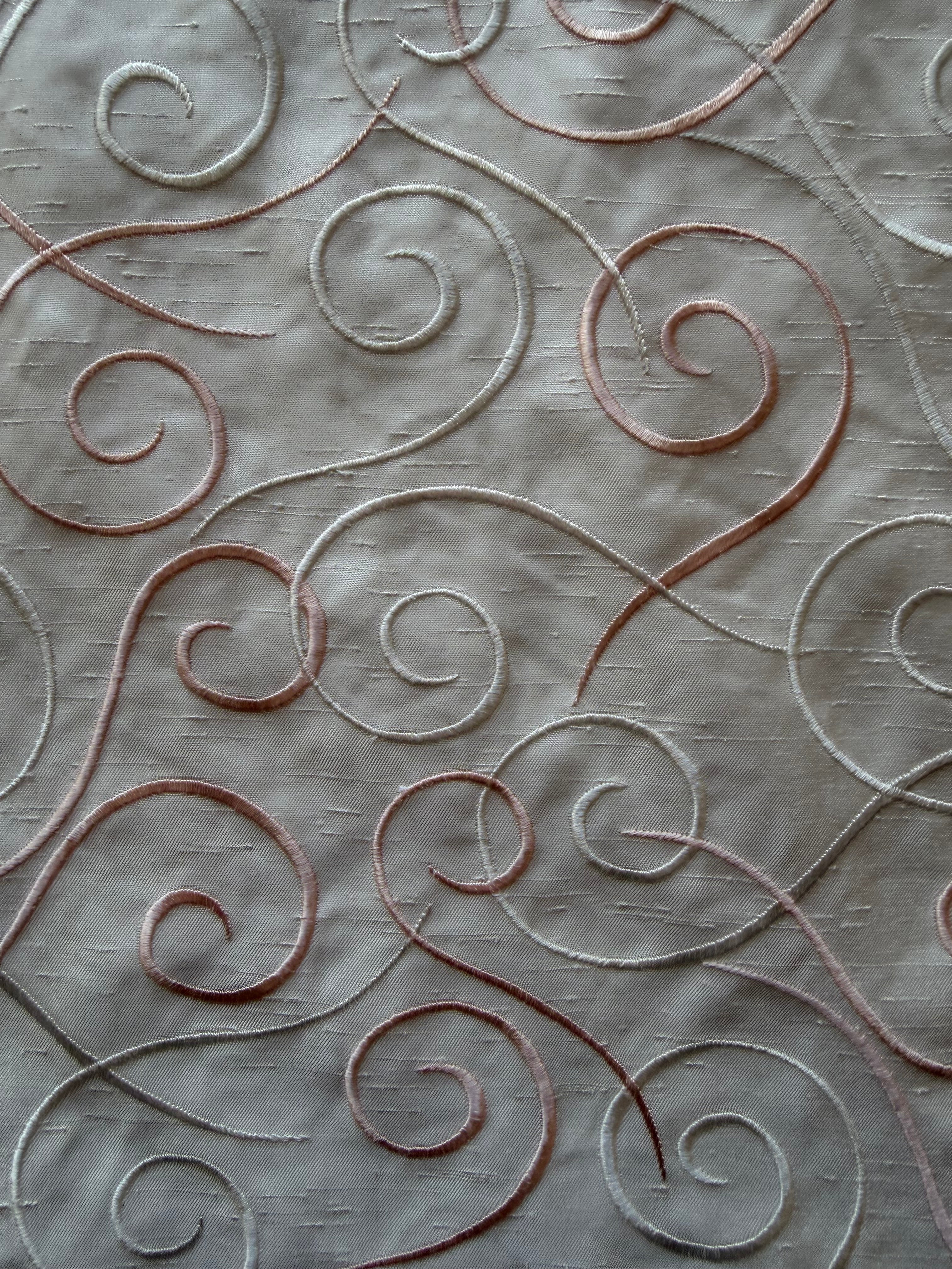 Austrian Embroidered Satin-Backed Dupion Fabric – Ivory with Ivory & Blush Pink Swirls | 112 cm Wide