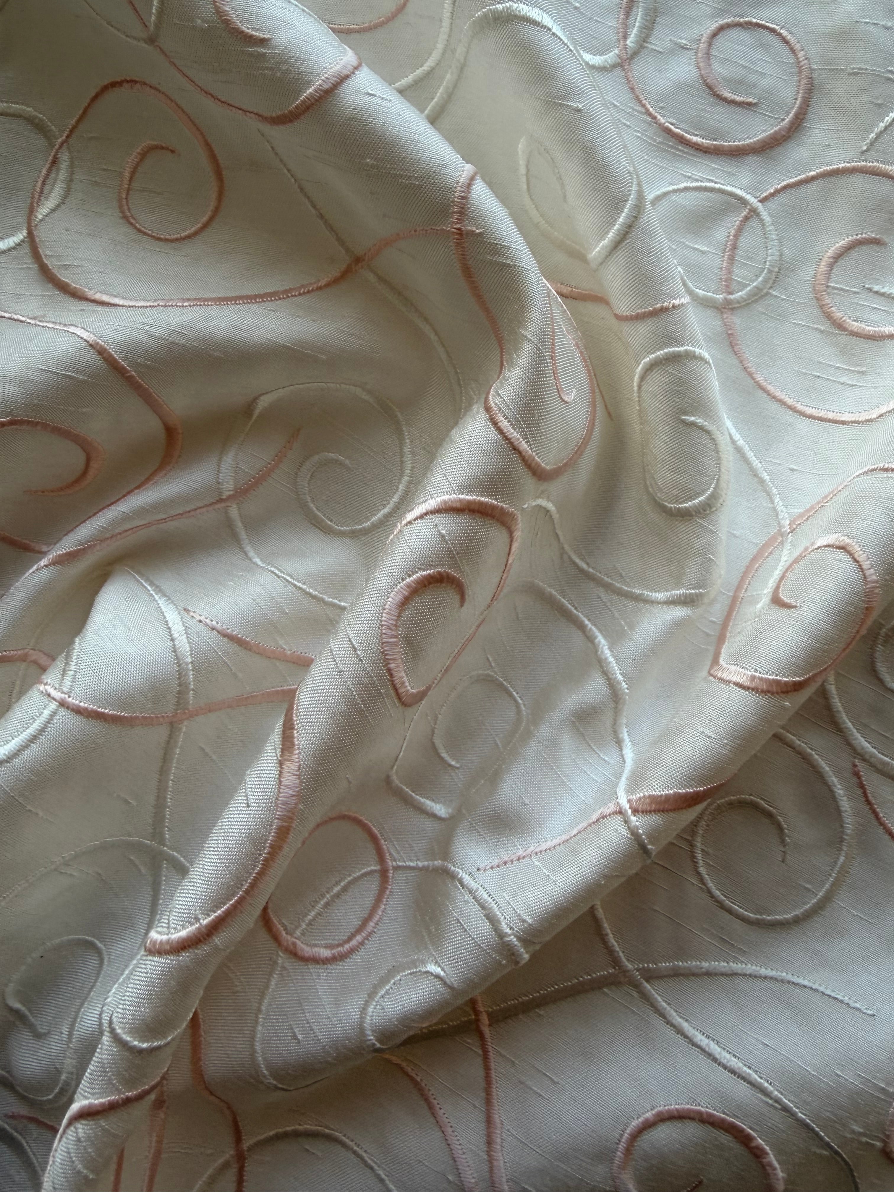Austrian Embroidered Satin-Backed Dupion Fabric – Ivory with Ivory & Blush Pink Swirls | 112 cm Wide