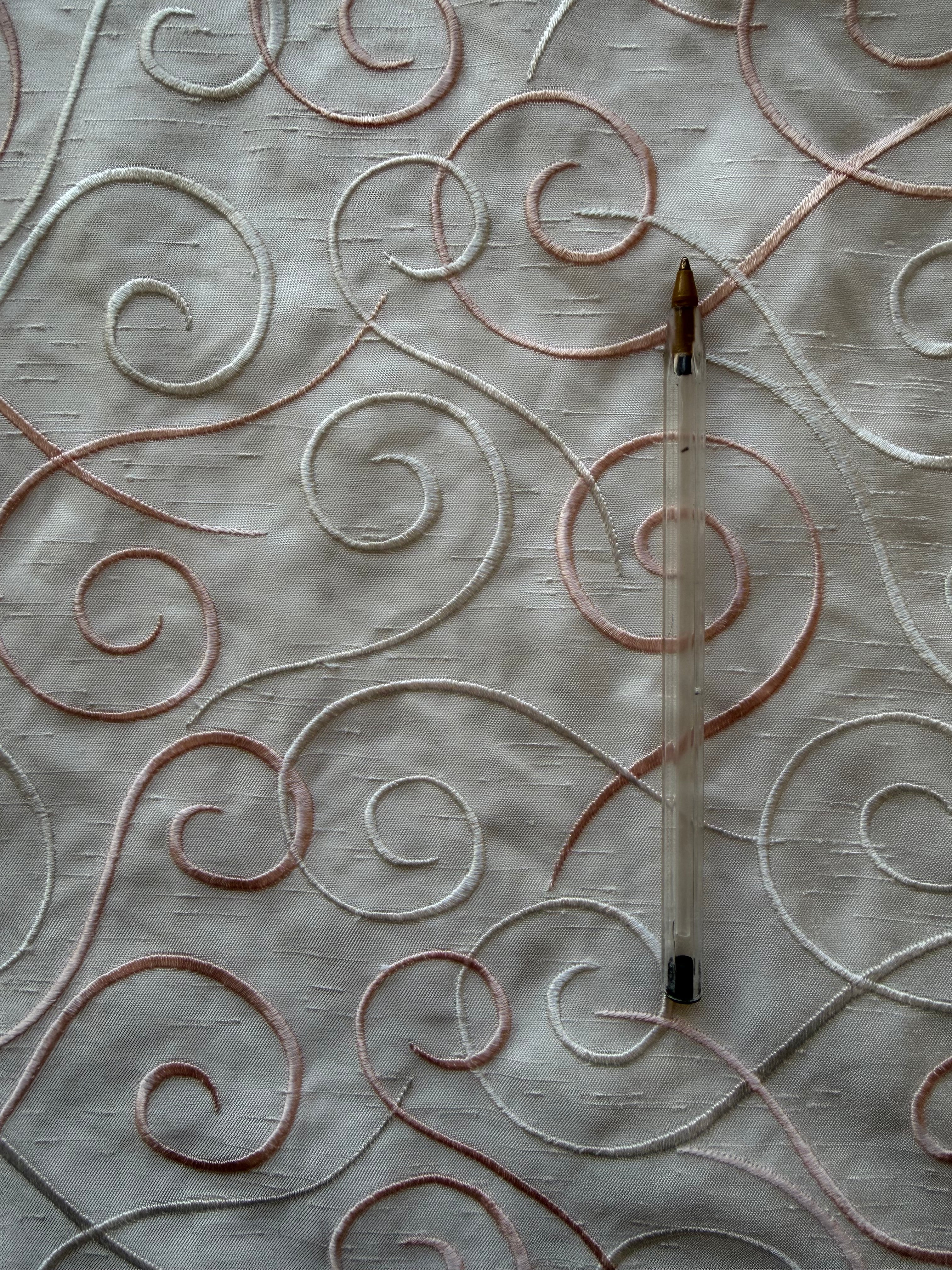 Austrian Embroidered Satin-Backed Dupion Fabric – Ivory with Ivory & Blush Pink Swirls | 112 cm Wide