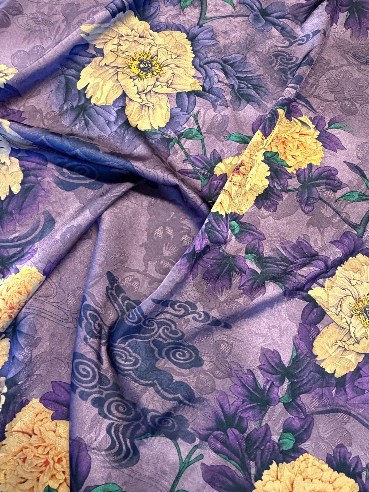 Purple Floral Chinoiserie Satin – 100% Polyester – 145 cm Wide