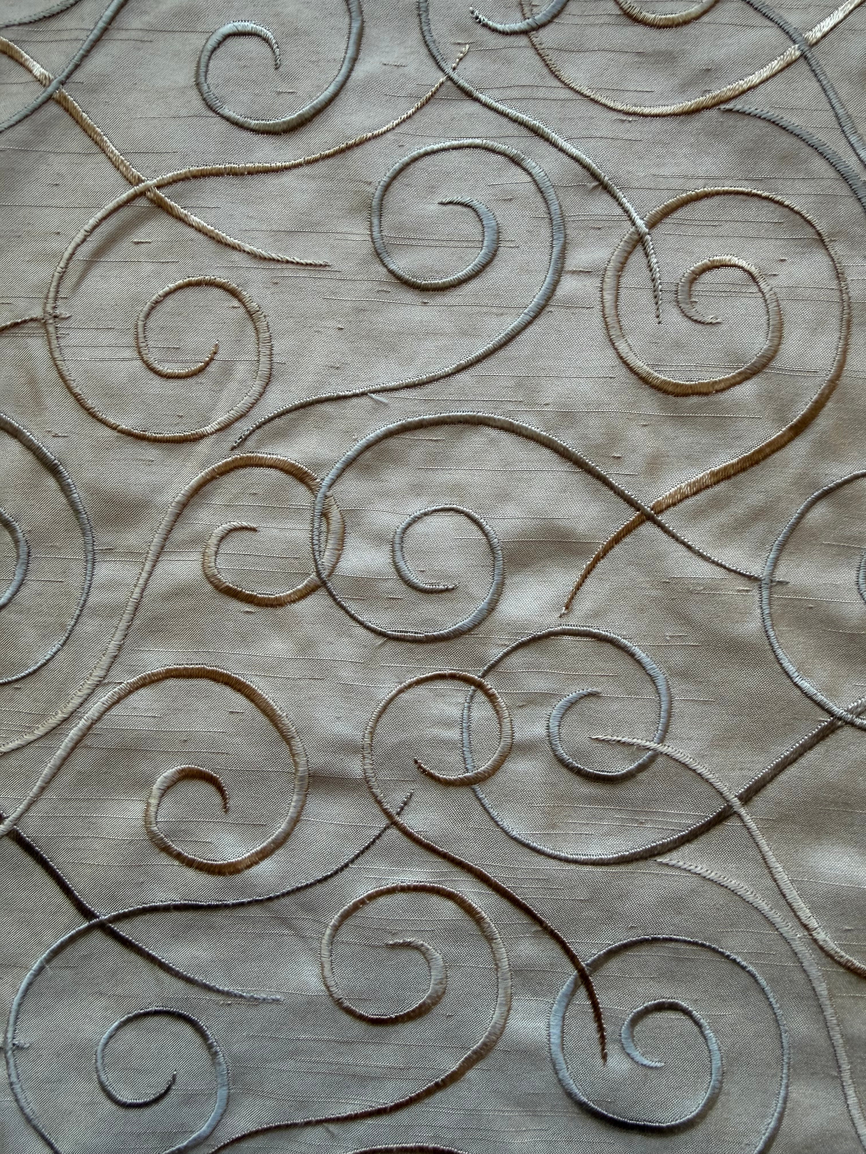 Austrian Embroidered Satin-Backed Dupion Fabric – Caramel with Silver & Gold Swirls | 112 cm Wide