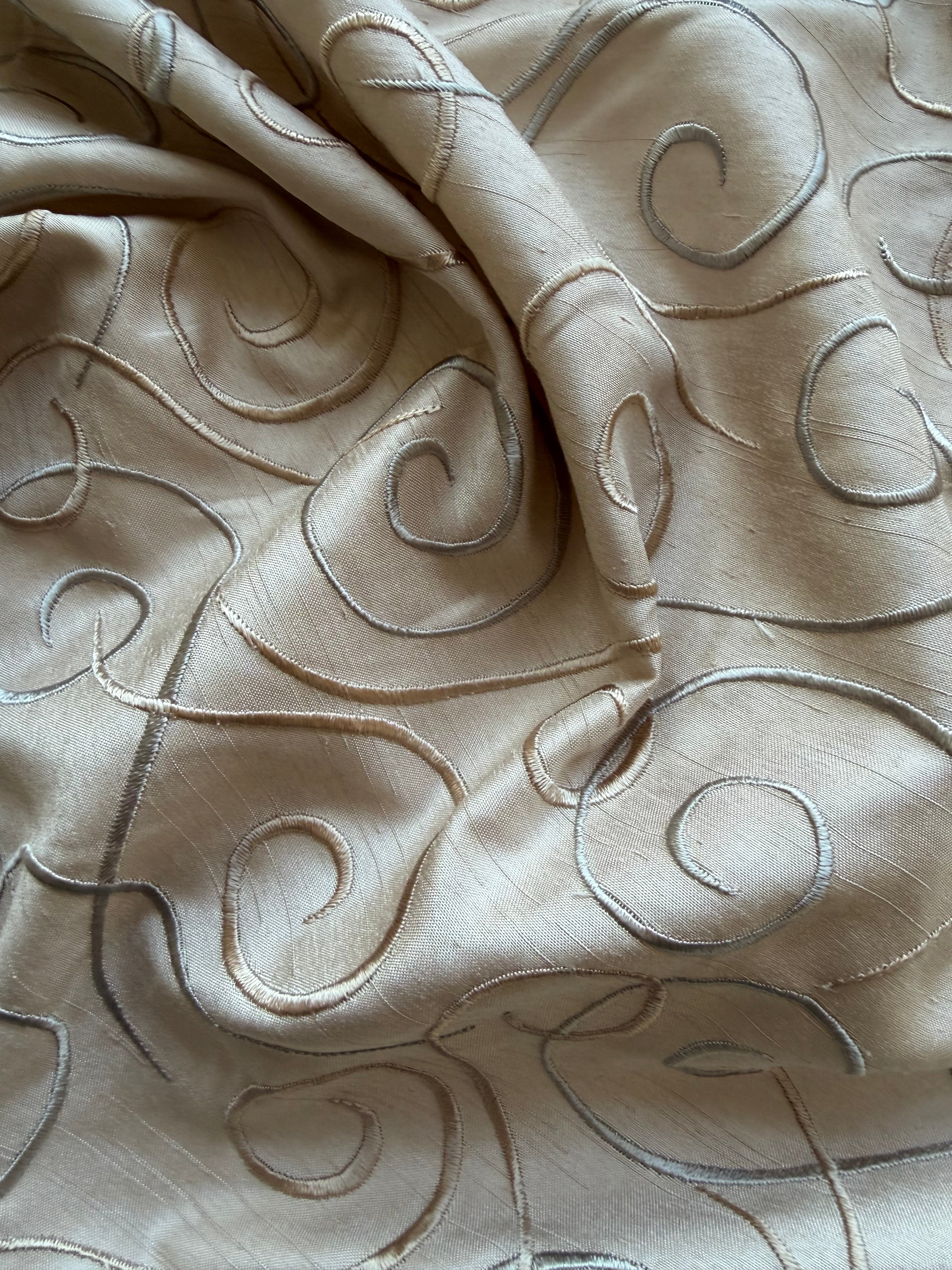 Austrian Embroidered Satin-Backed Dupion Fabric – Caramel with Silver & Gold Swirls | 112 cm Wide