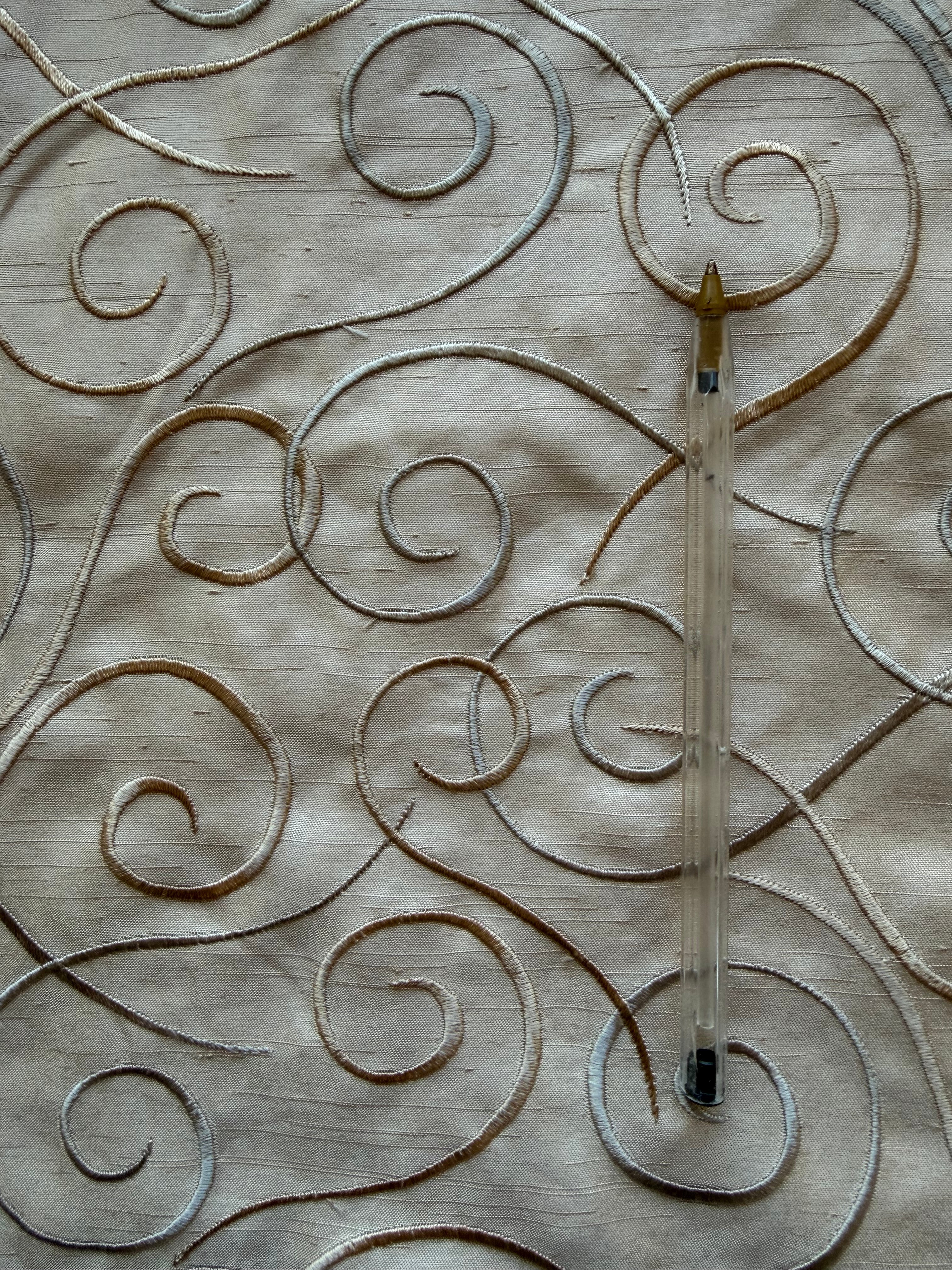 Austrian Embroidered Satin-Backed Dupion Fabric – Caramel with Silver & Gold Swirls | 112 cm Wide