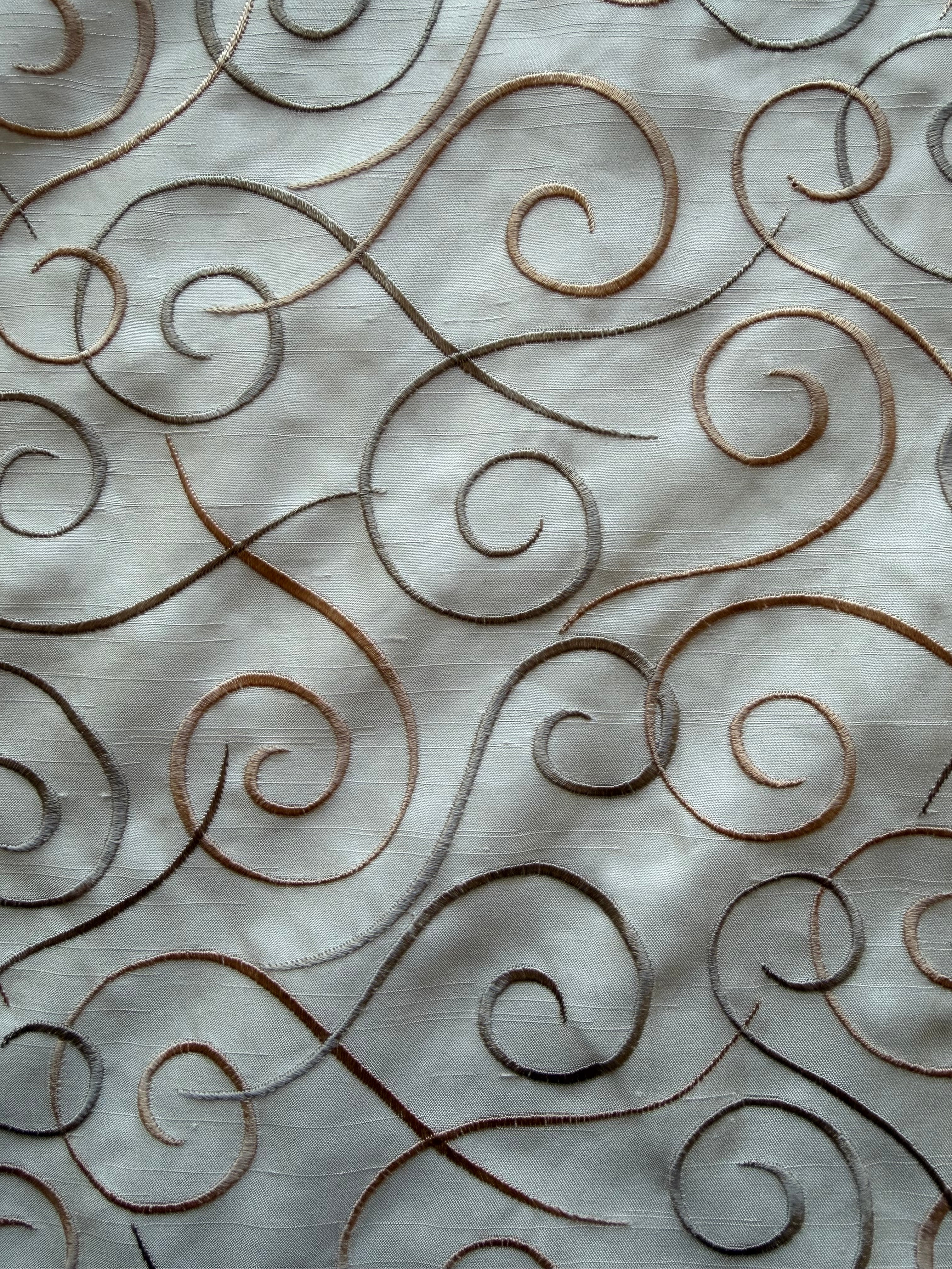 Austrian Embroidered Satin-Backed Dupion Fabric – Ivory with Gold & Caramel Swirls | 112 cm Wide