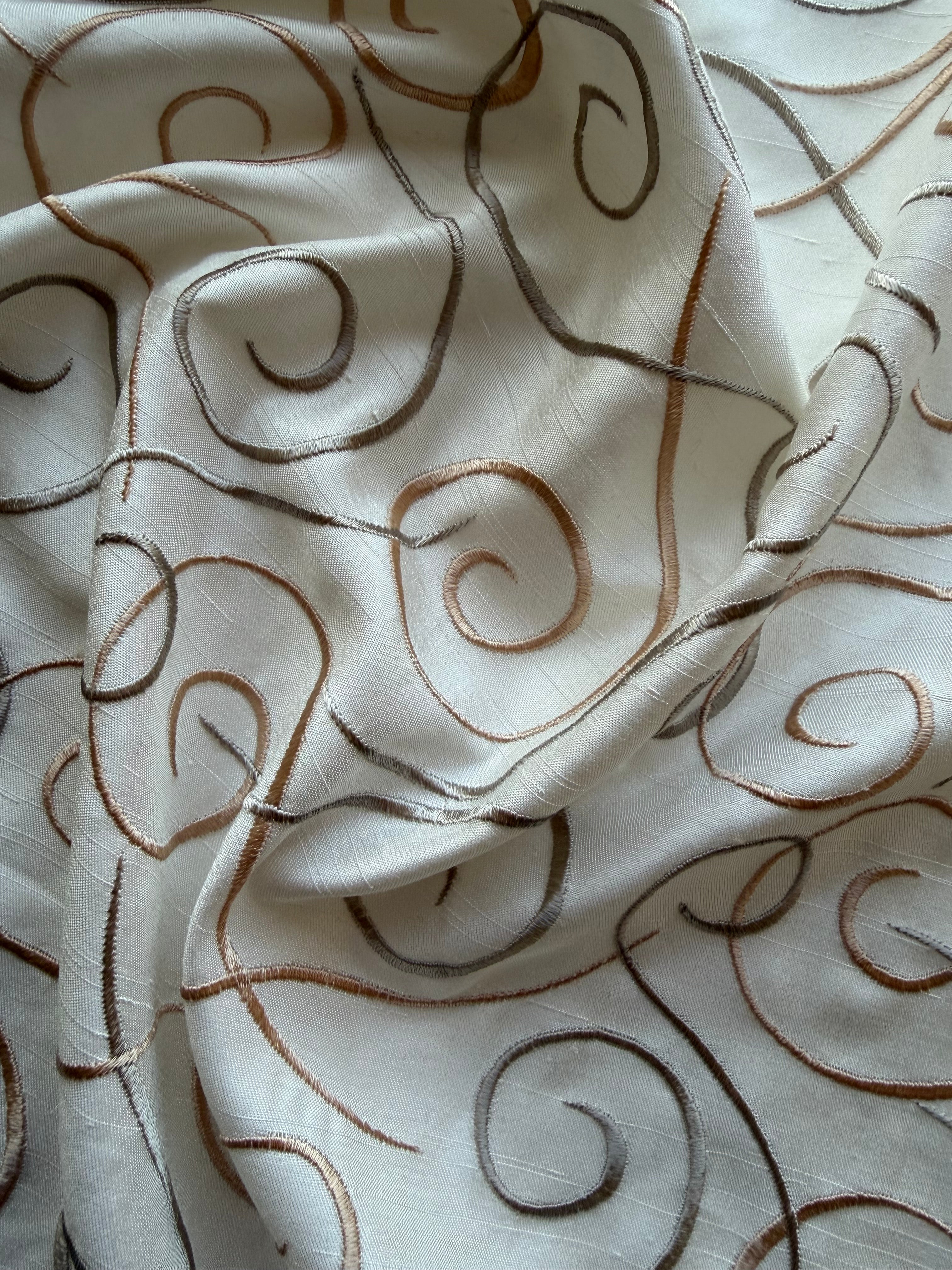 Austrian Embroidered Satin-Backed Dupion Fabric – Ivory with Gold & Caramel Swirls | 112 cm Wide