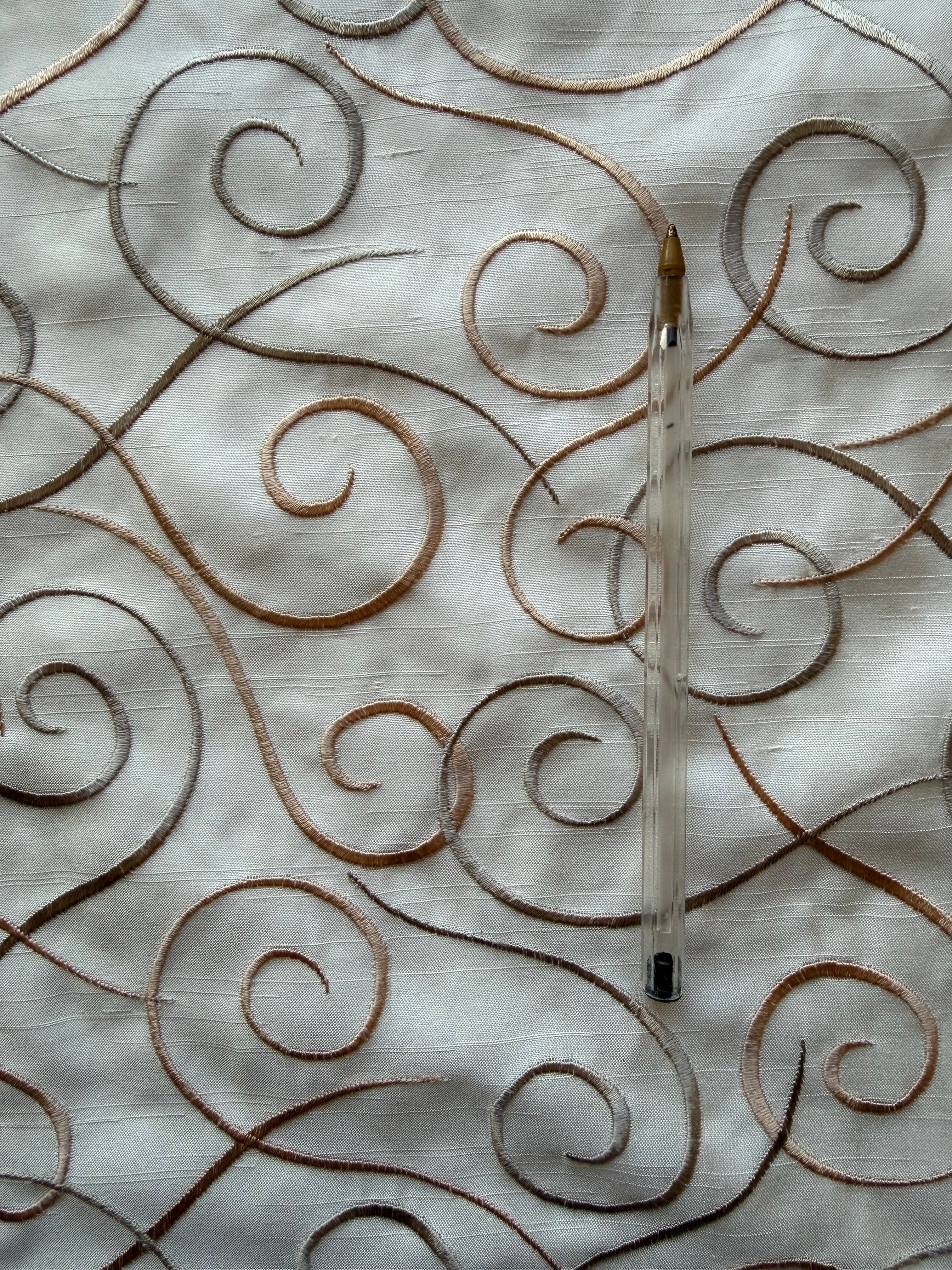 Austrian Embroidered Satin-Backed Dupion Fabric – Ivory with Gold & Caramel Swirls | 112 cm Wide