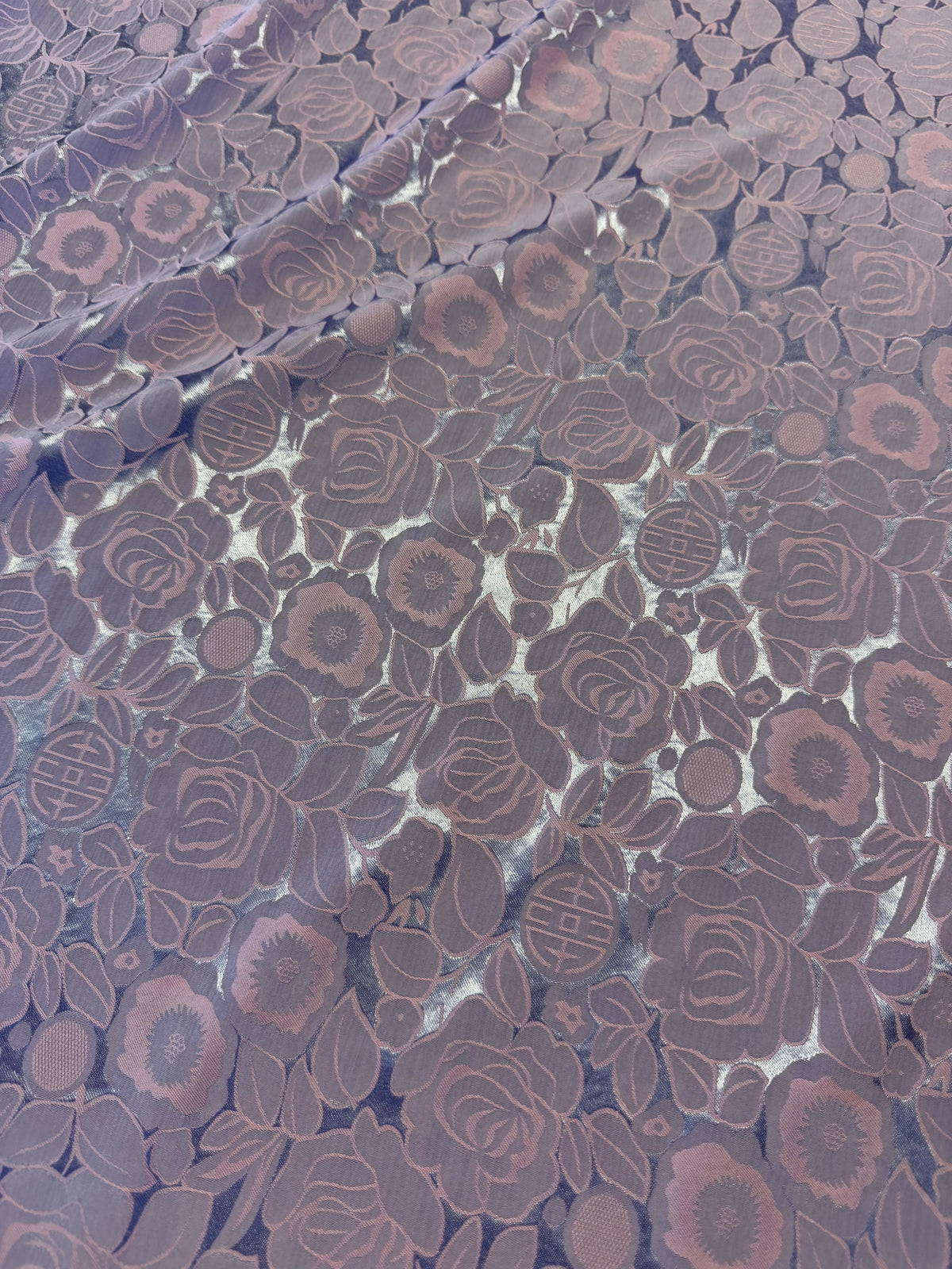 Pink and Lavender Jacquard Fabric – 100% Polyester – Floral & Leaf Design – 140 cm Wide