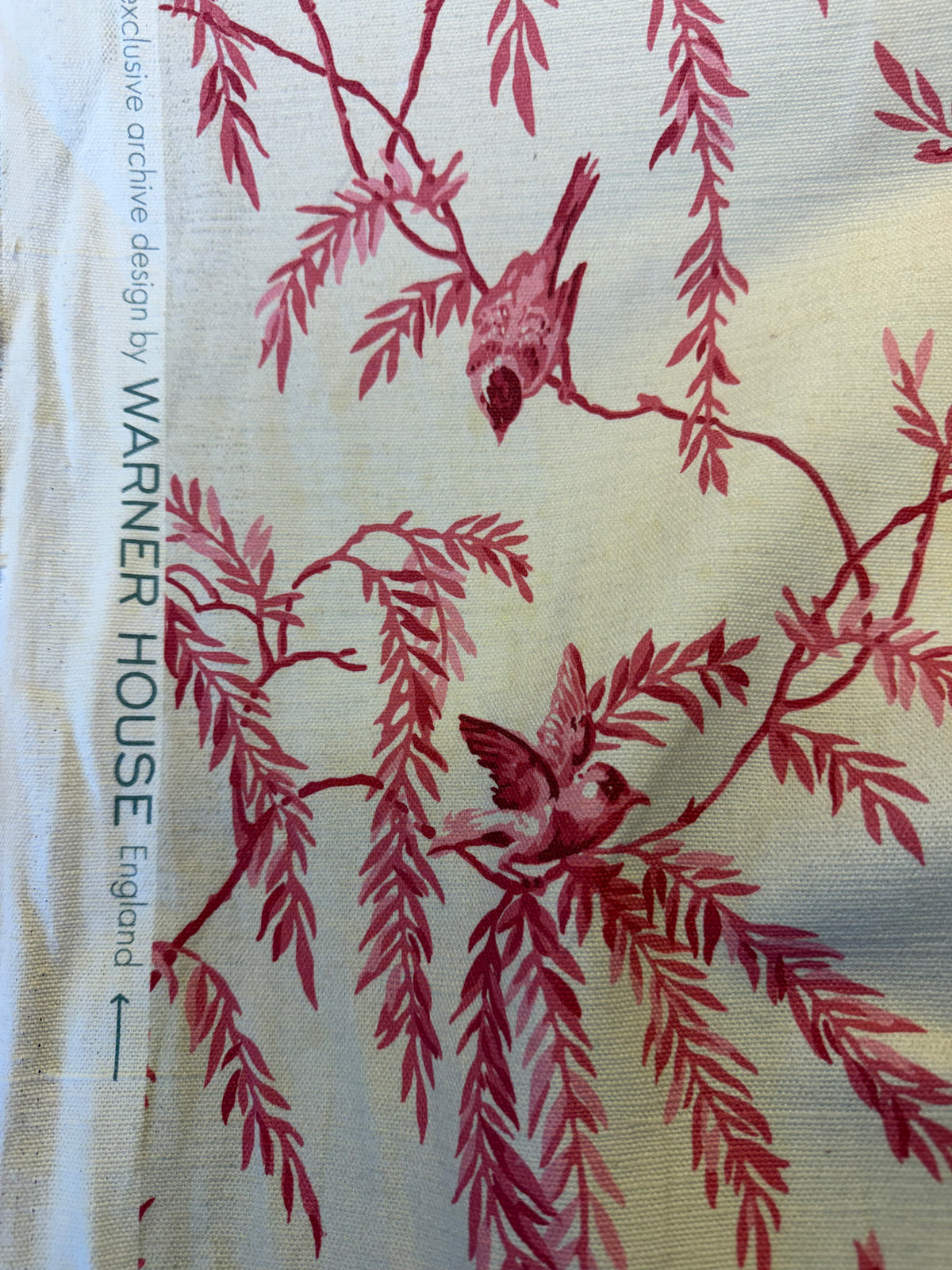 Natural Cotton Furnishing Fabric with Red Birds & Branches – 100% Cotton, 140cm Wide
