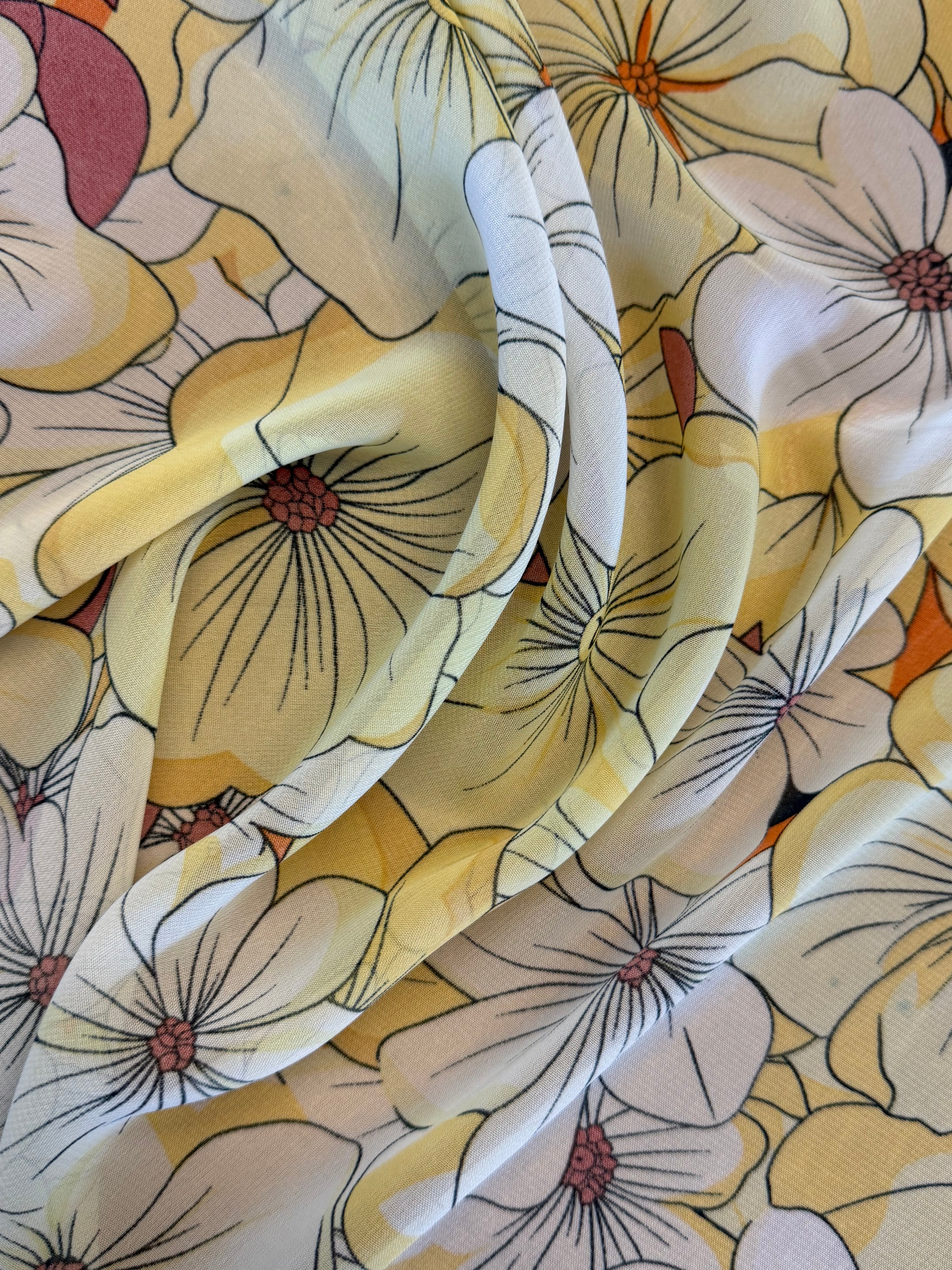 Cream and Yellow Contemporary Floral Chiffon Fabric – 150 cm Wide