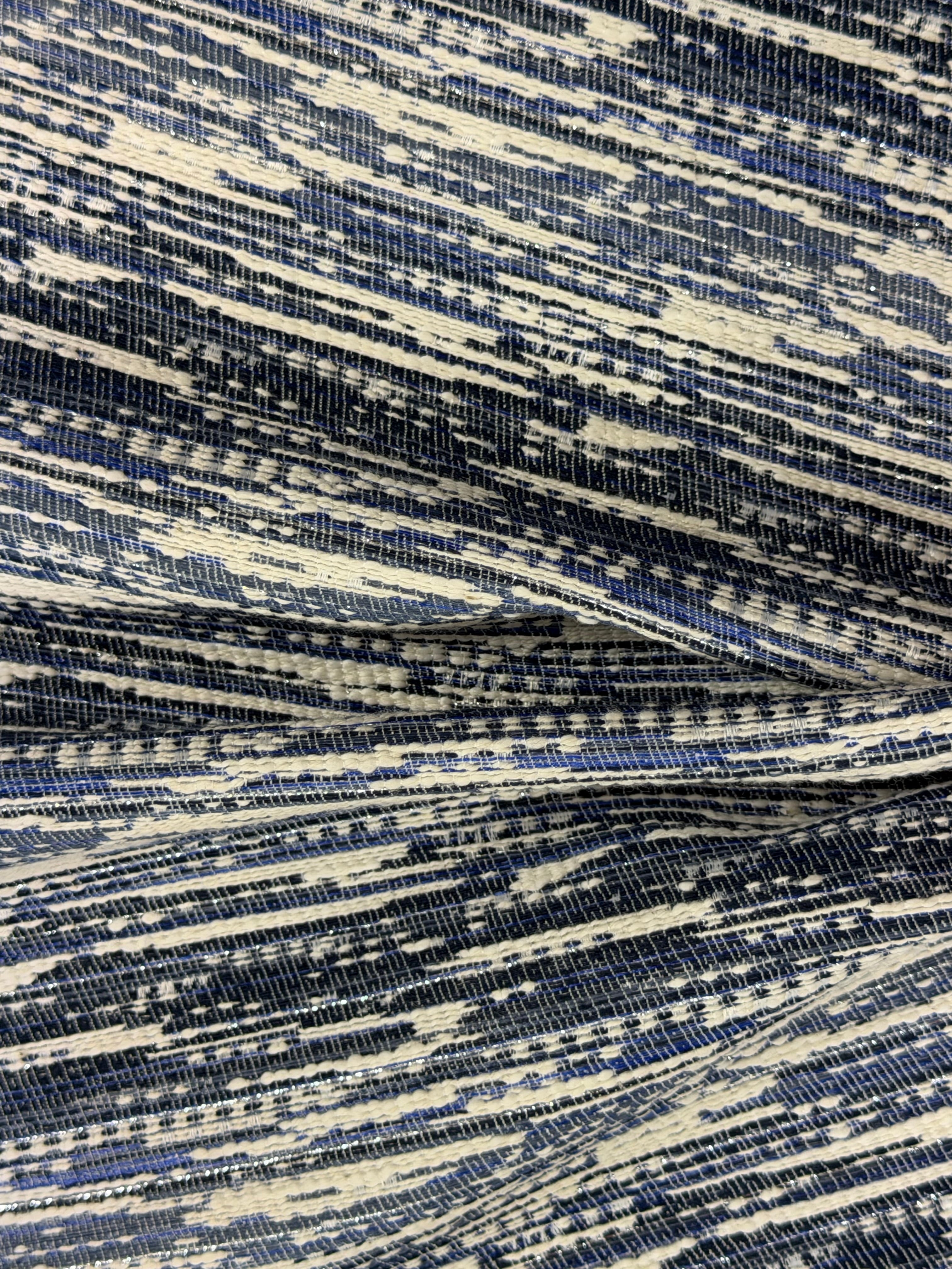 Contemporary Indigo & Ivory Lurex Fabric – 146 cm Wide
