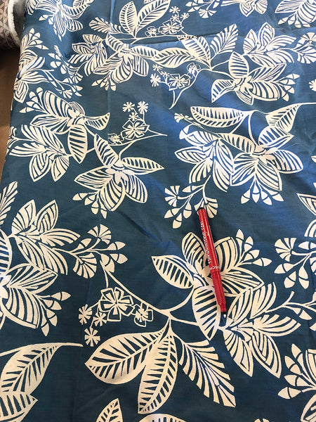 Wedgewood Blue Trailing Flowers and Leaves on Cotton Lawn. 100g/m2, 100% Cotton. Roll Size: 1.9m