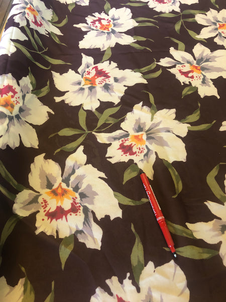 Floral on Brown Chiffon. 80gm2, 100% Polyester. Roll Size: 2m