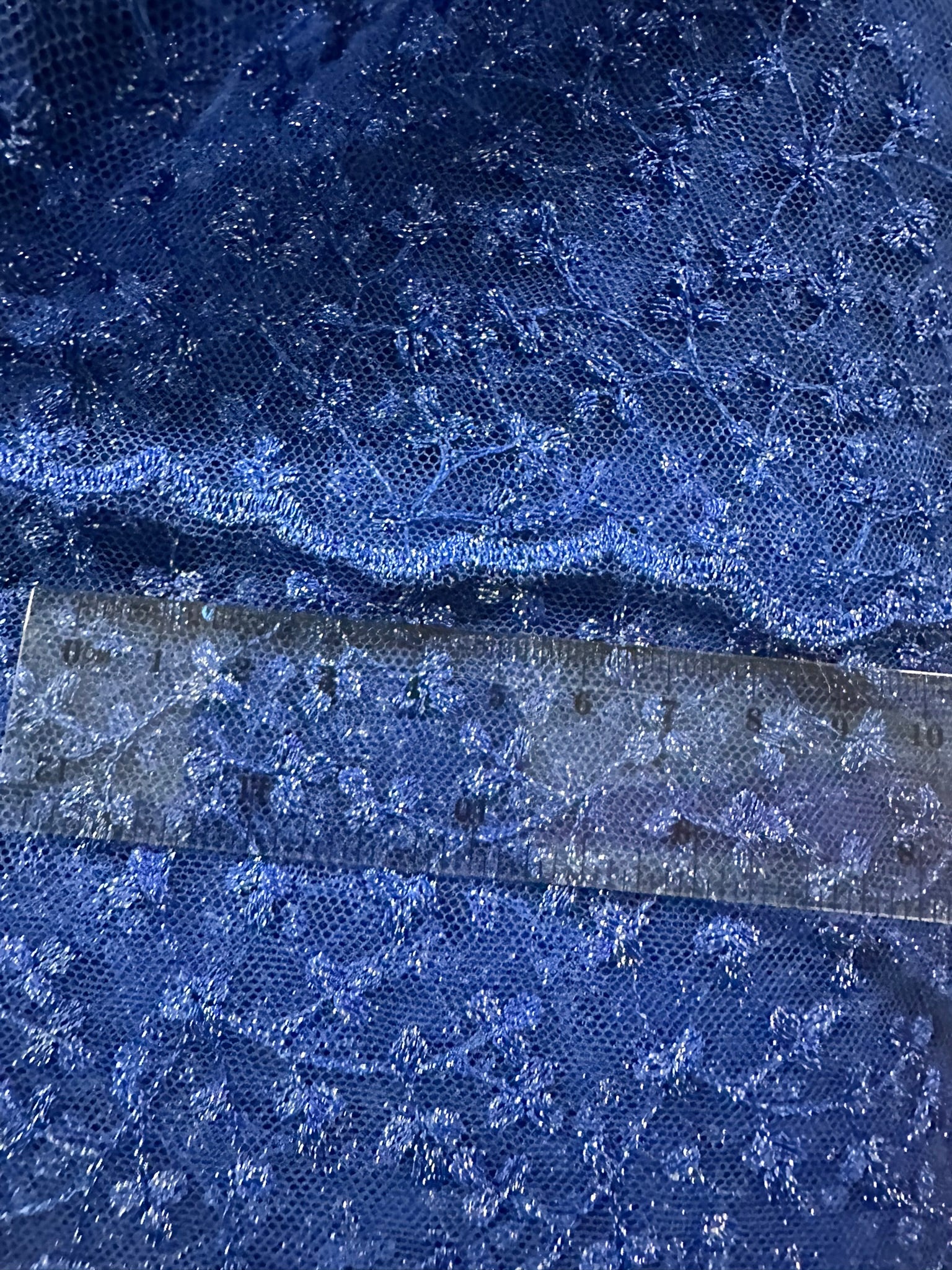 Cobalt Blue Embroidered Lace Fabric with Metallic Thread – Delicate Floral Design