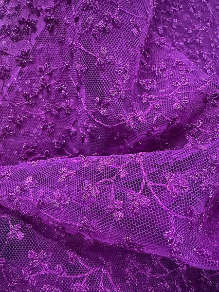 Magenta Embroidered Lace Fabric with Metallic Thread – Delicate Floral Design