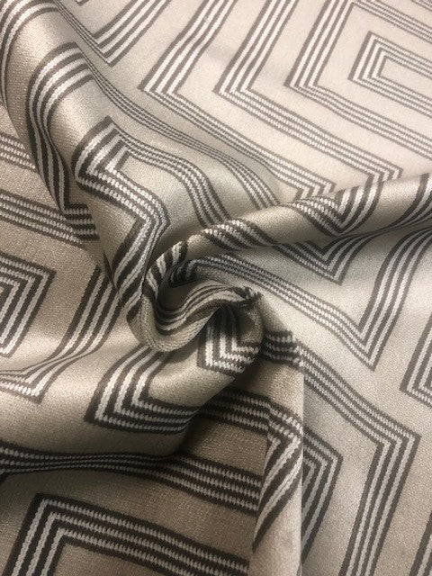 Flame Retardant Cut Velvet Ivory & brown striped block on beige Upholstery Fabric